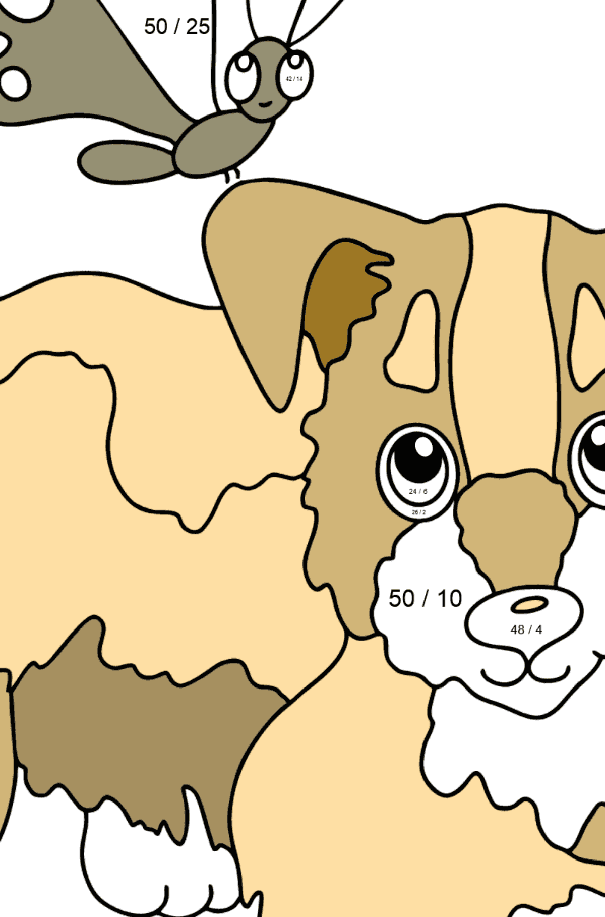 Coloring Page - A Dog is Playing with a Beautiful Butterfly - Math Coloring - Division for Kids