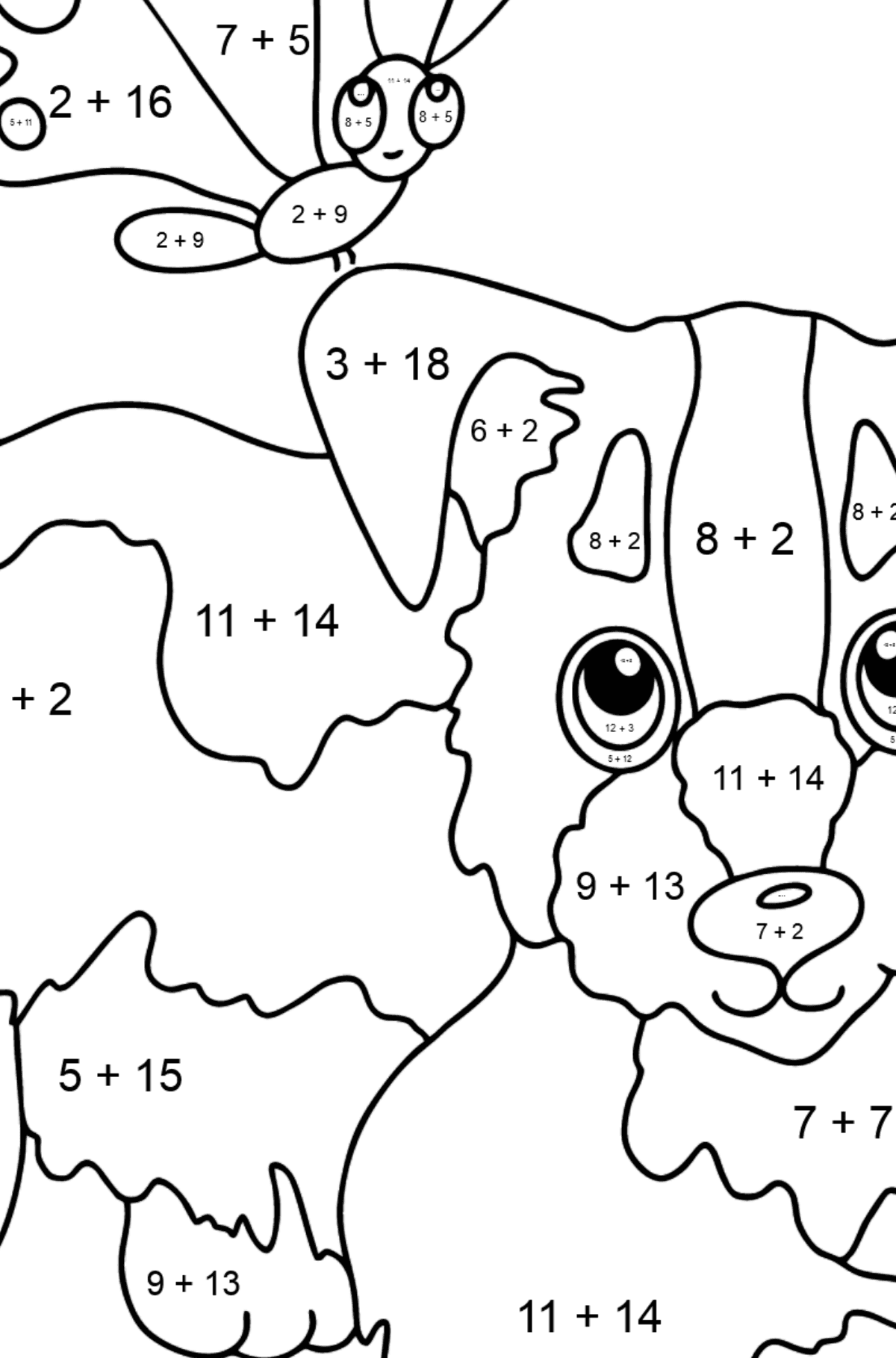 Tegning til fargelegging hund og sommerfugl - Matematisk fargeleggingsside - addisjon for barn