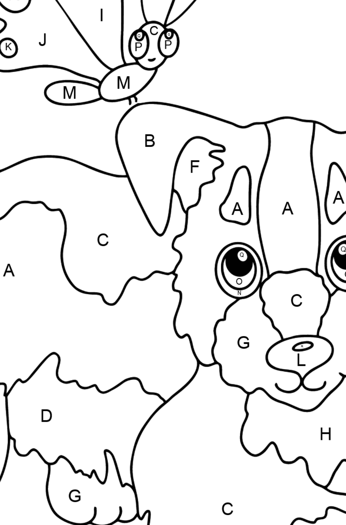 Page de coloriage - Un chien en train de jouer avec un papillon - Coloriage par Lettres pour les Enfants