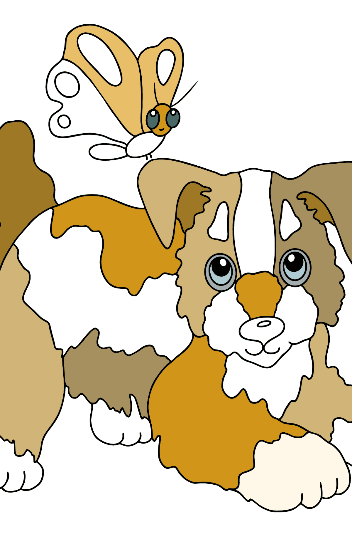 Page de coloriage - Un chien en train de jouer avec un papillon - Coloriages pour les Enfants