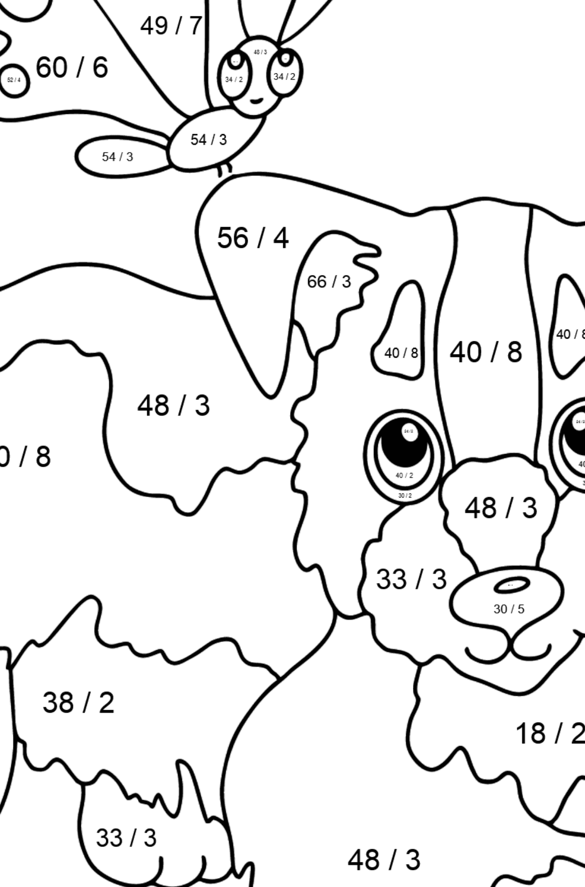 Tegning til fargelegging hund og sommerfugl - Matematisk fargeleggingsside - divisjon for barn