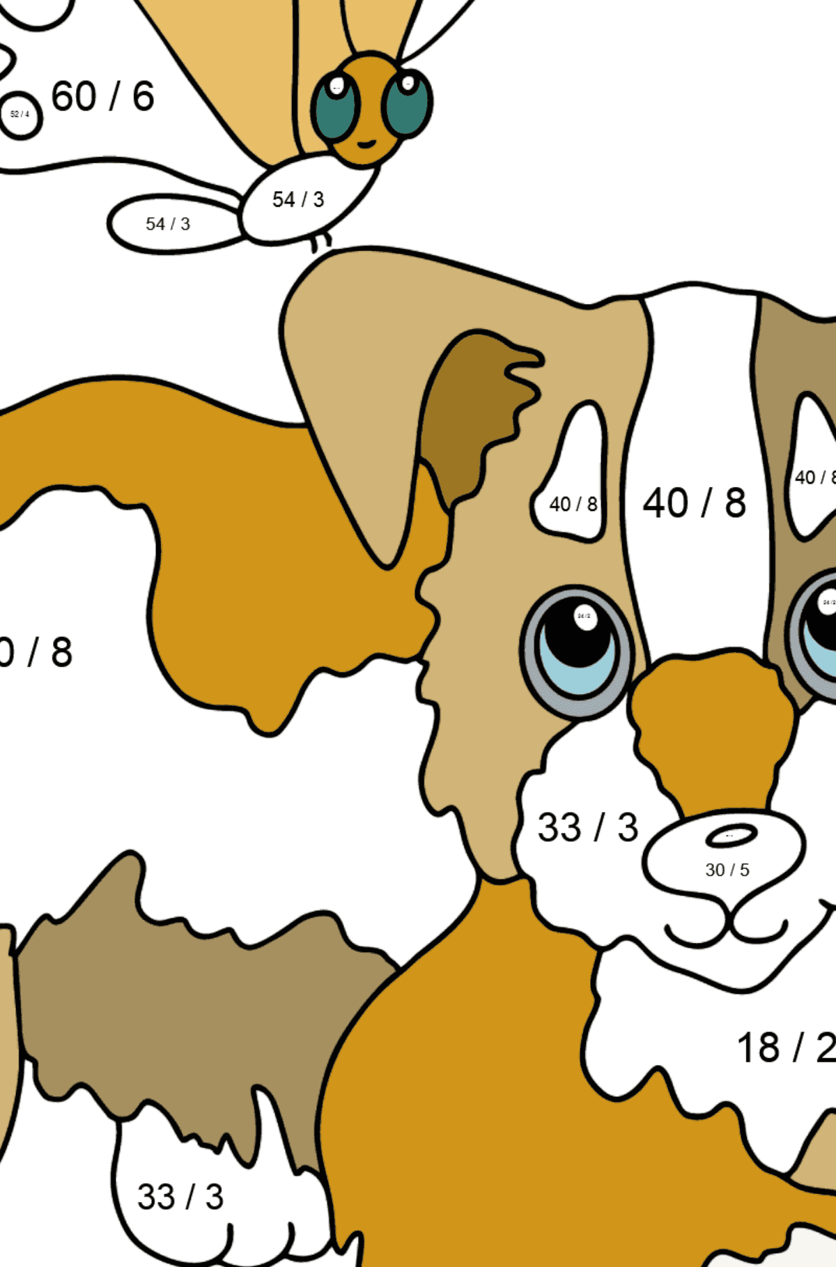 Coloring Page - A Dog is Playing with a Butterfly - Math Coloring - Division for Kids
