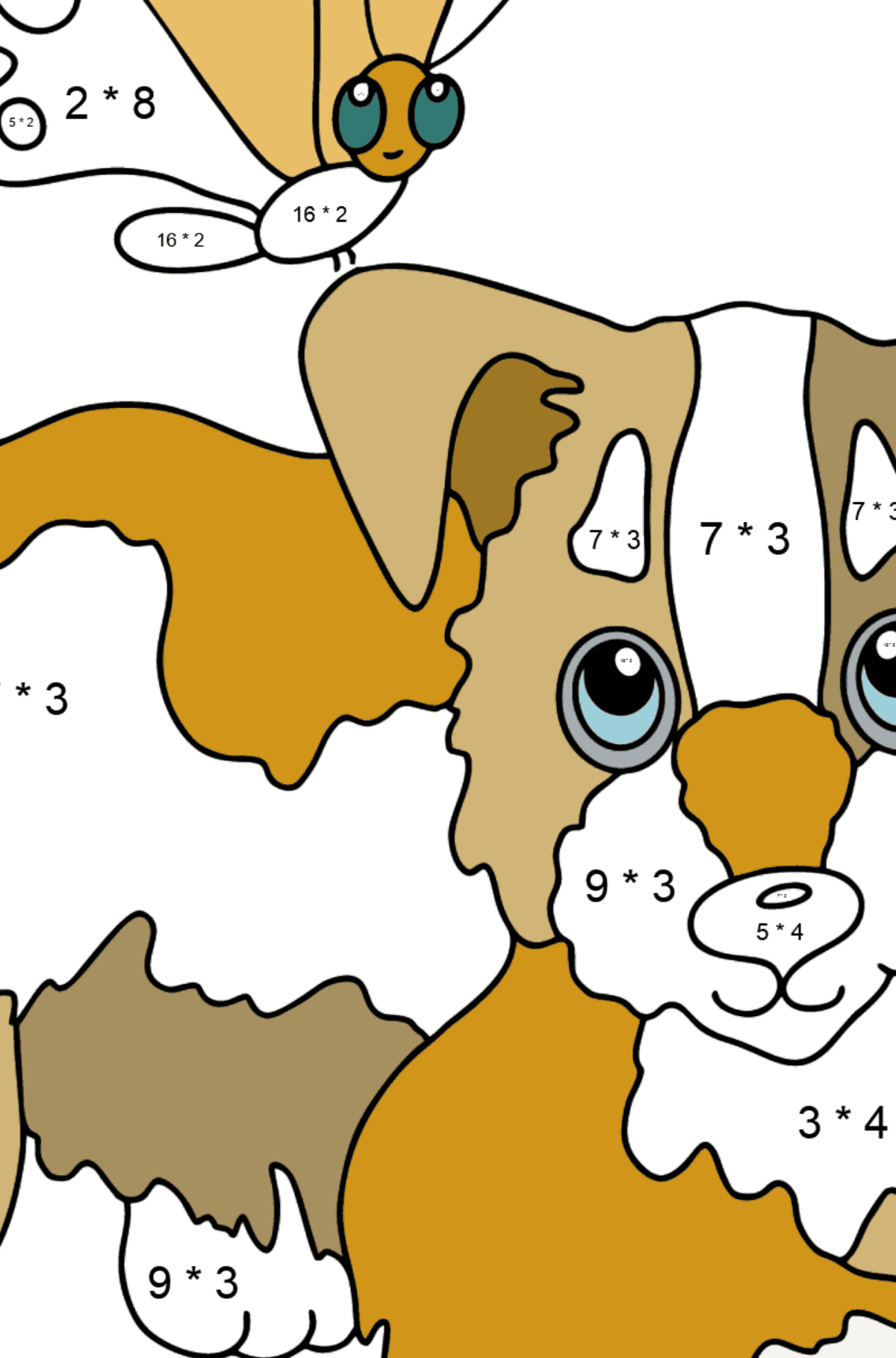 Dibujo para Colorear - Un Perro Jugando con una Mariposa - Colorear con Matemáticas - Multiplicaciones para Niños