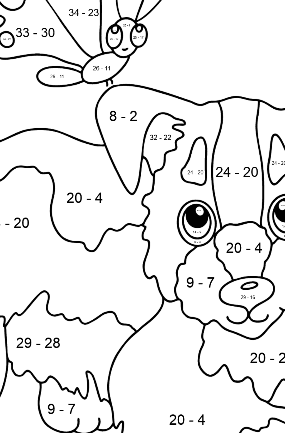 Tegning til fargelegging hund og sommerfugl - Matematisk fargeleggingsside - trekking for barn