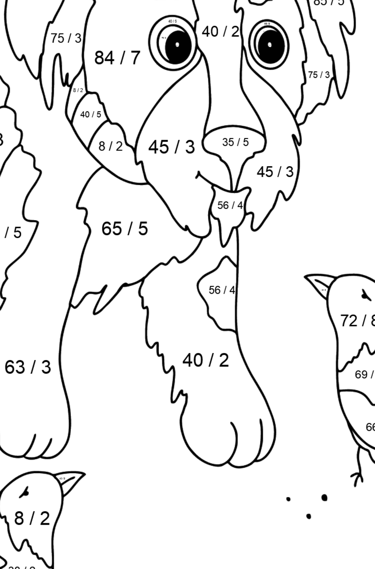Boyama sayfası sevimli köpek yavrusu (zor) - Matematik Boyama - Bölme çocuklar için