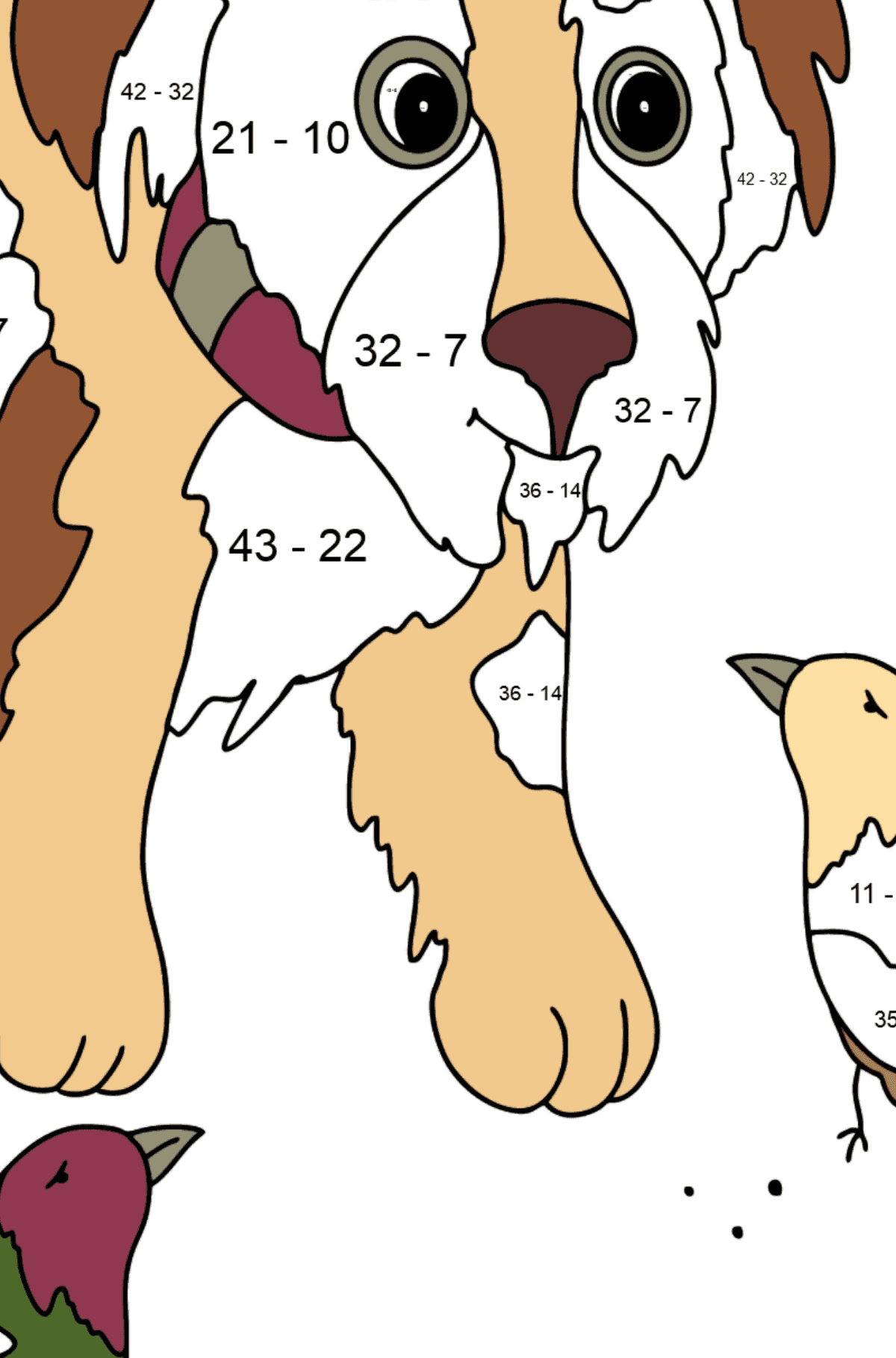 Kifestő aranyos kiskutya (bonyolult) - Matematikai színezés - kivonás gyerekeknek