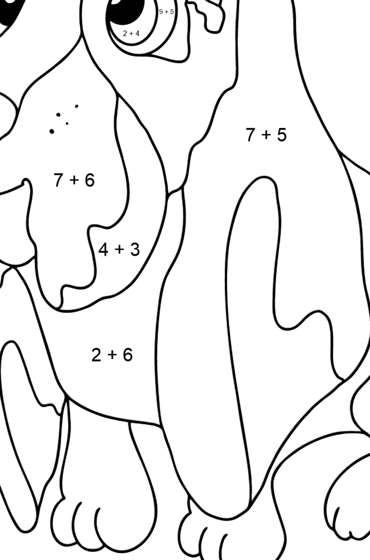 Coloring Page - A Dog is Sitting near a Bone - Math Coloring - Addition for Kids