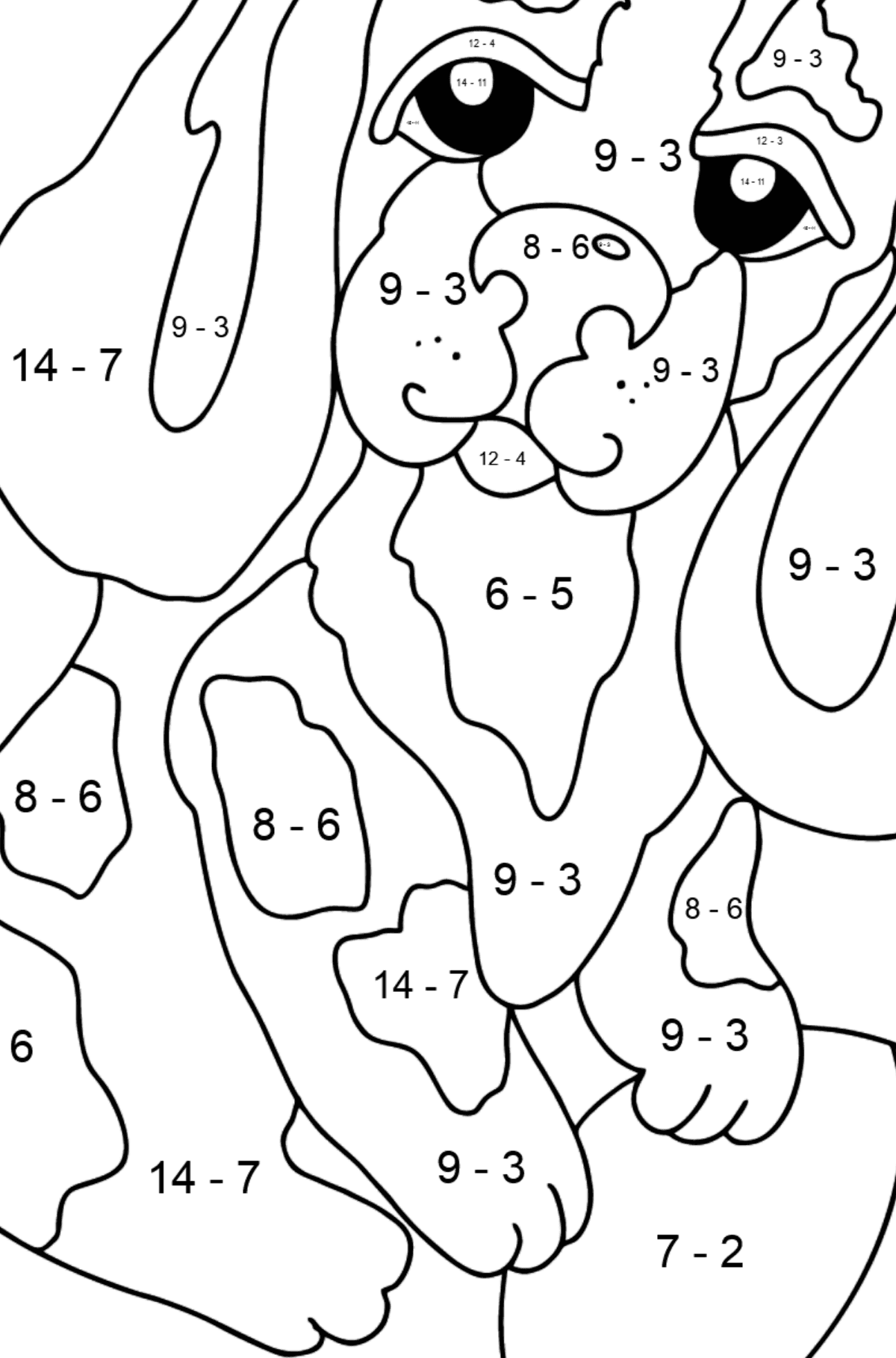 Målarbild valp (lätt) - Matematik Färgläggning - Subtraktion För barn