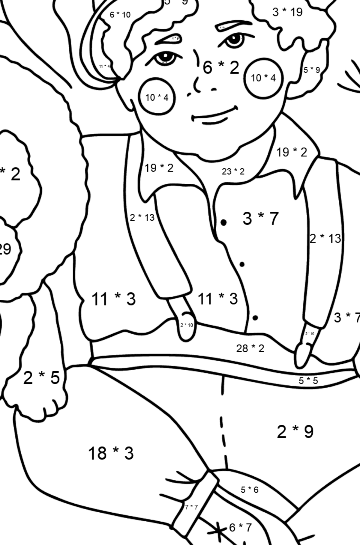 Junge und Biron Malvorlagen - Mathe Ausmalbilder - Multiplikation für Kinder