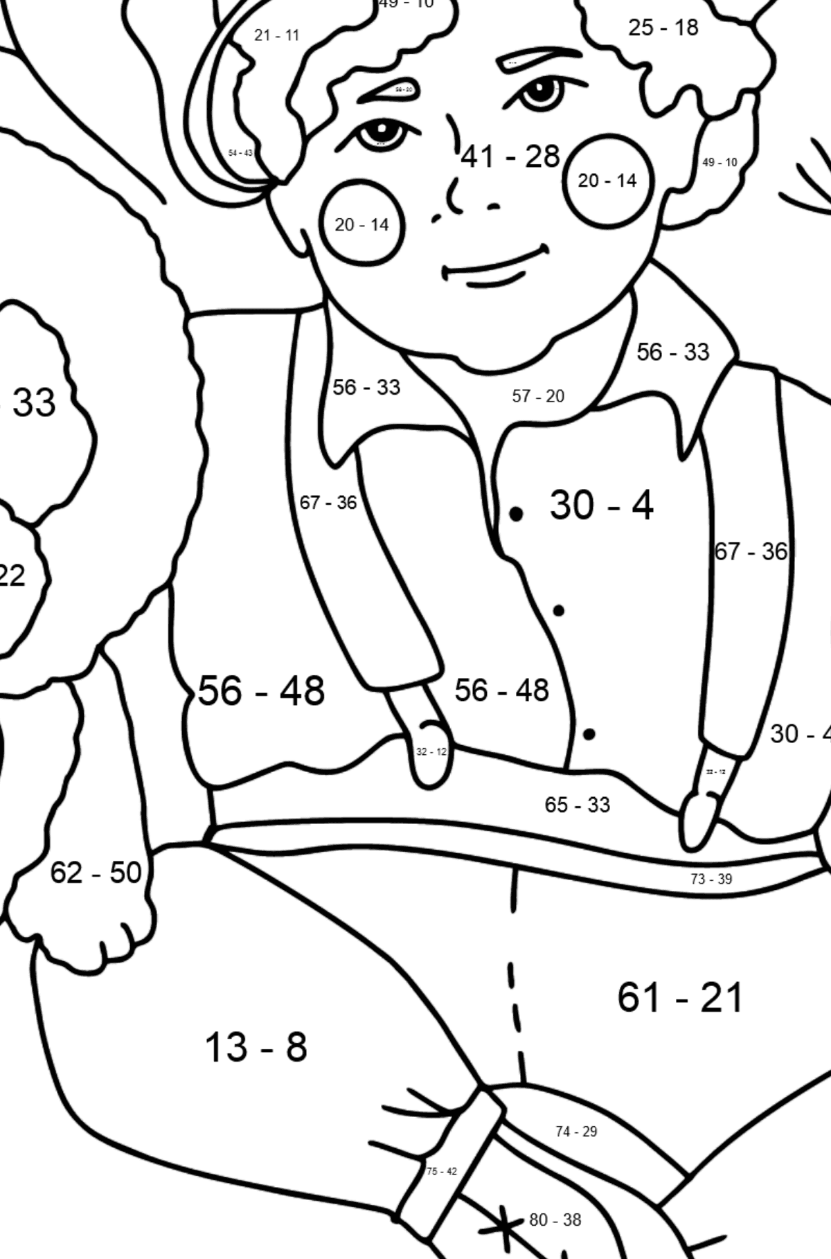 Junge und Biron Malvorlagen - Mathe Ausmalbilder - Subtraktion für Kinder