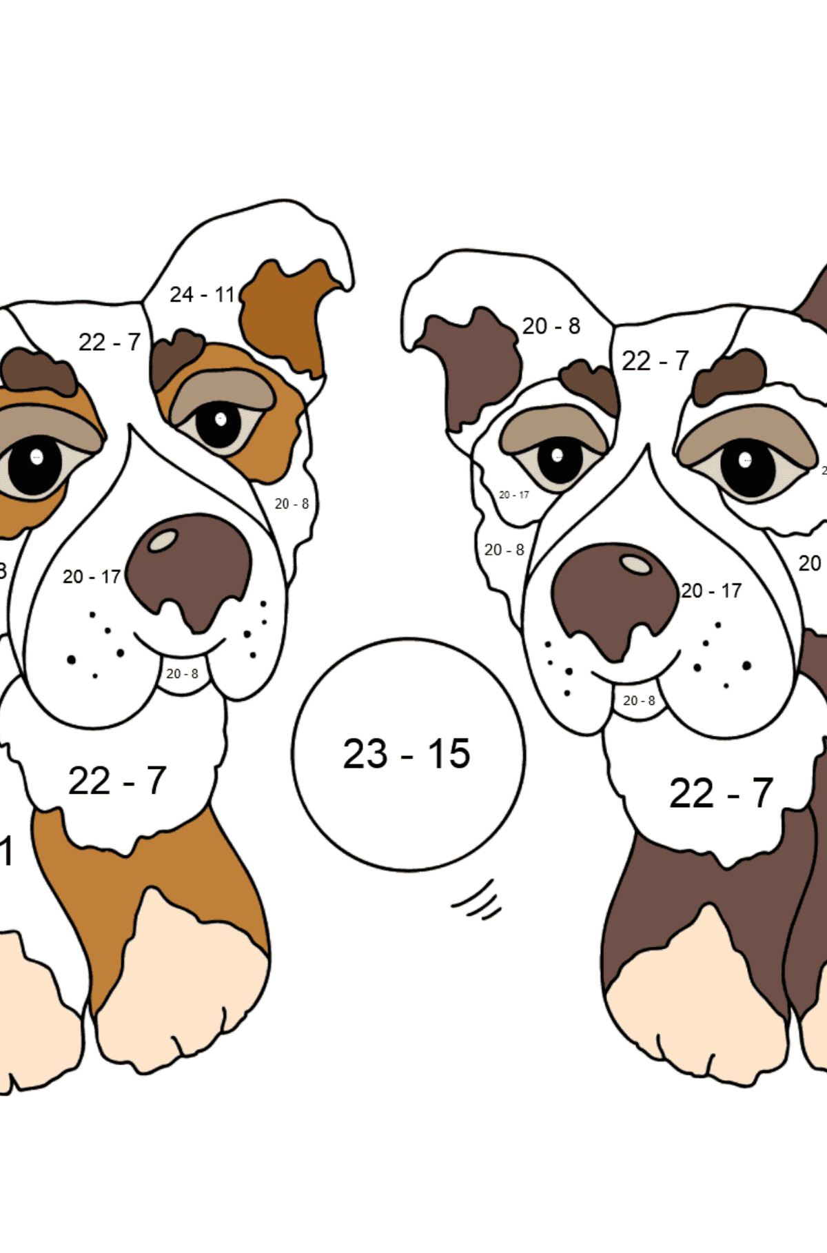 Coloring Page - Dogs are Playing Energetically with a Ball - Math Coloring - Subtraction for Kids