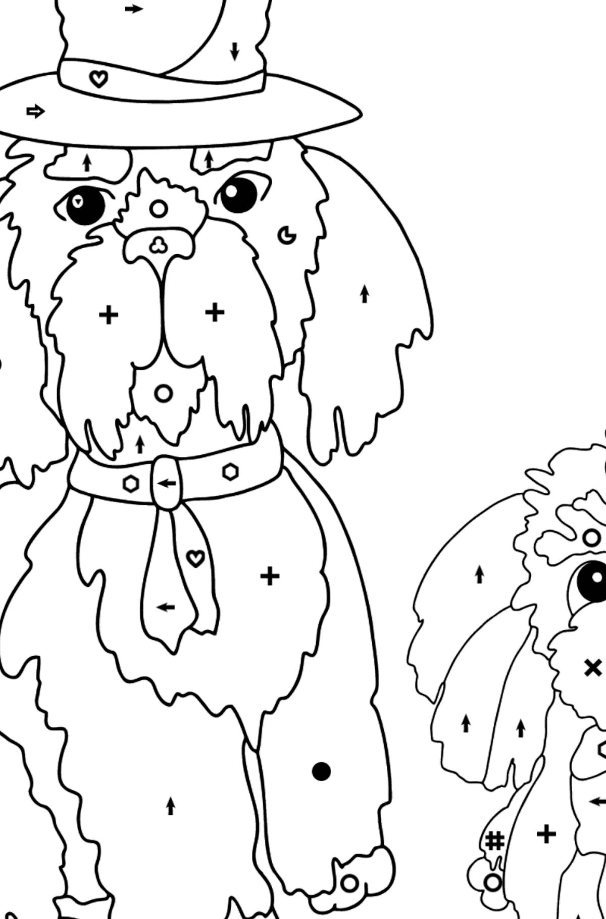 Desen de colorat câini adorabili (dificil) - Desen de colorat după Simbol și Forme Geometrice pentru copii