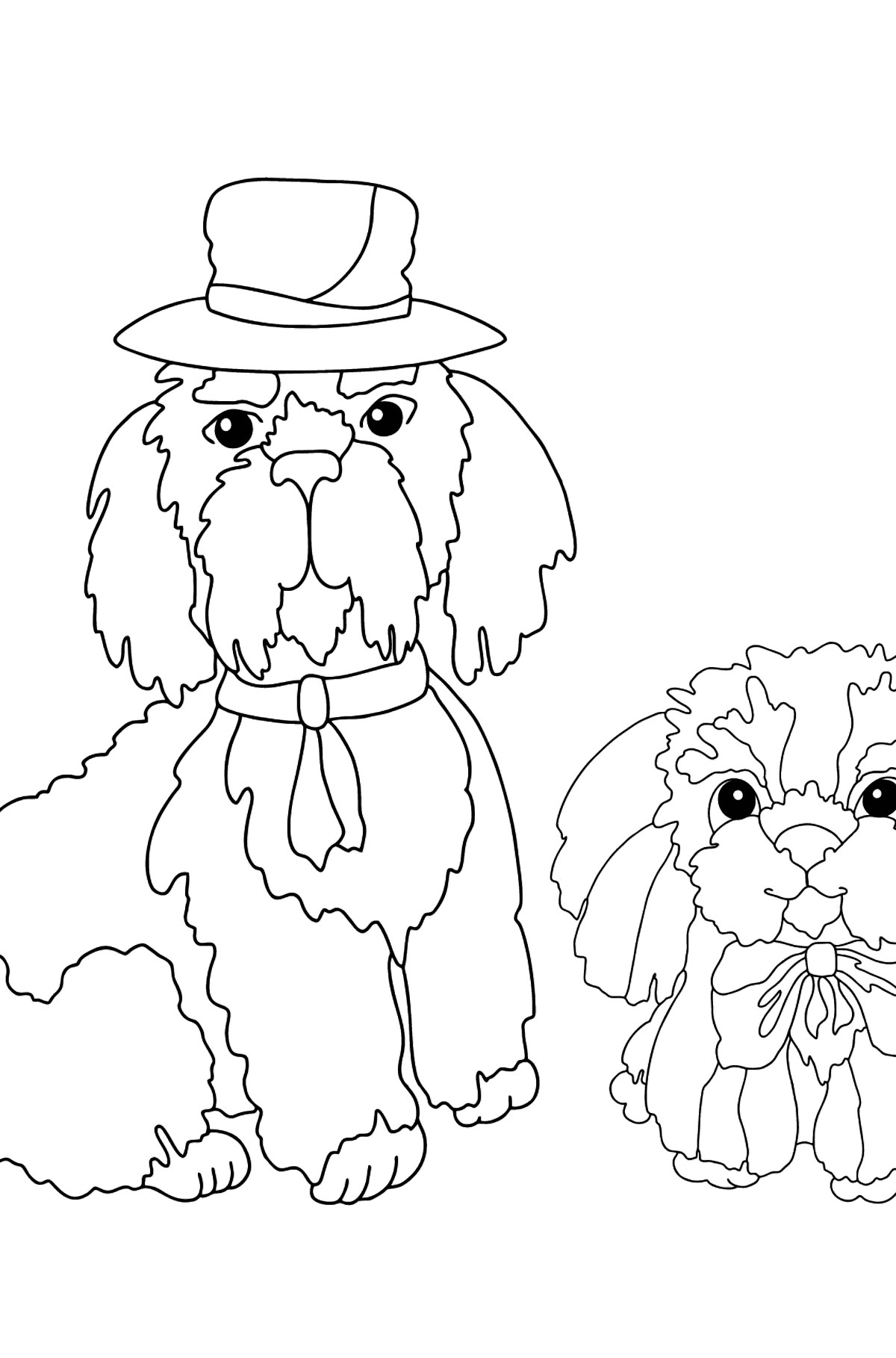 Coloriage - Des chiens portant des chapeaux sont assis - Coloriages pour les Enfants