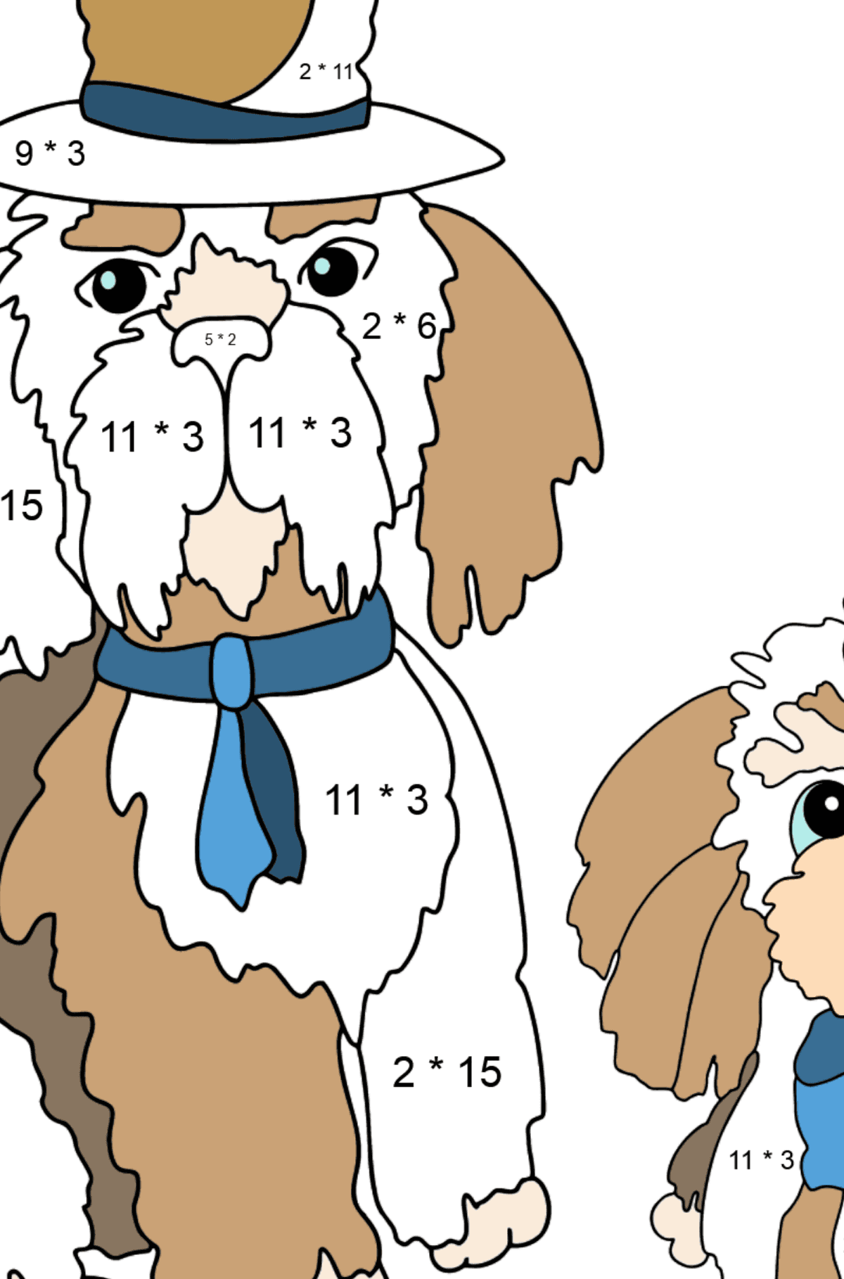 Coloriage - Des chiens portant des chapeaux sont assis - Coloriage Magique Multiplication pour les Enfants