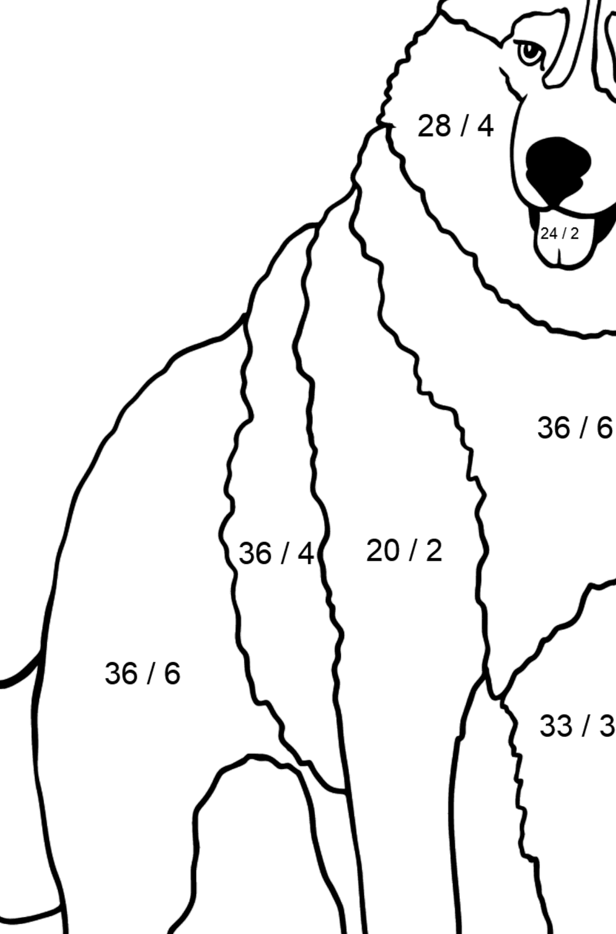 Dibujo de Husky para colorear - Colorear con Matemáticas - Divisiones para Niños
