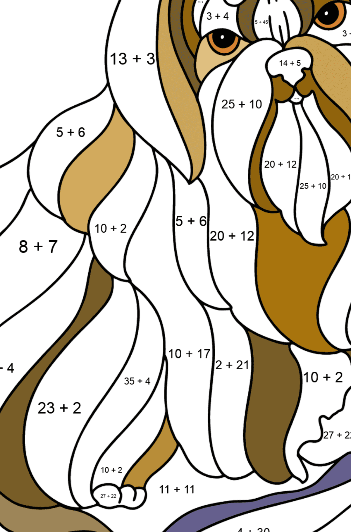 Dibujo de Shitsu para colorear - Colorear con Matemáticas - Sumas para Niños