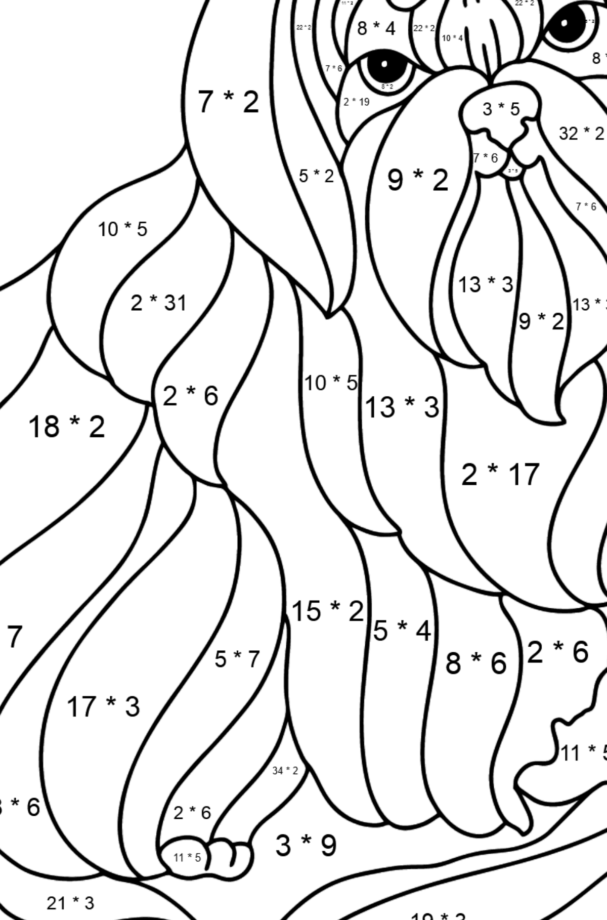 Dibujo de Shitsu para colorear - Colorear con Matemáticas - Multiplicaciones para Niños