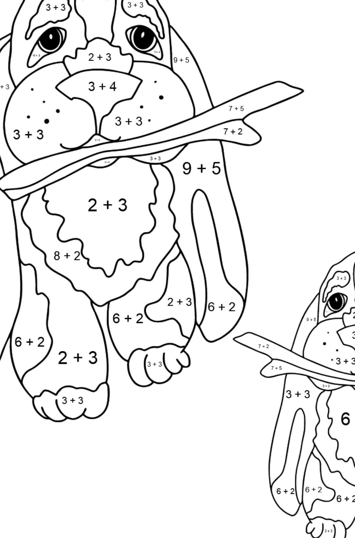 Coloring Page - Two Dogs are Playing with Sticks - Math Coloring - Addition for Kids