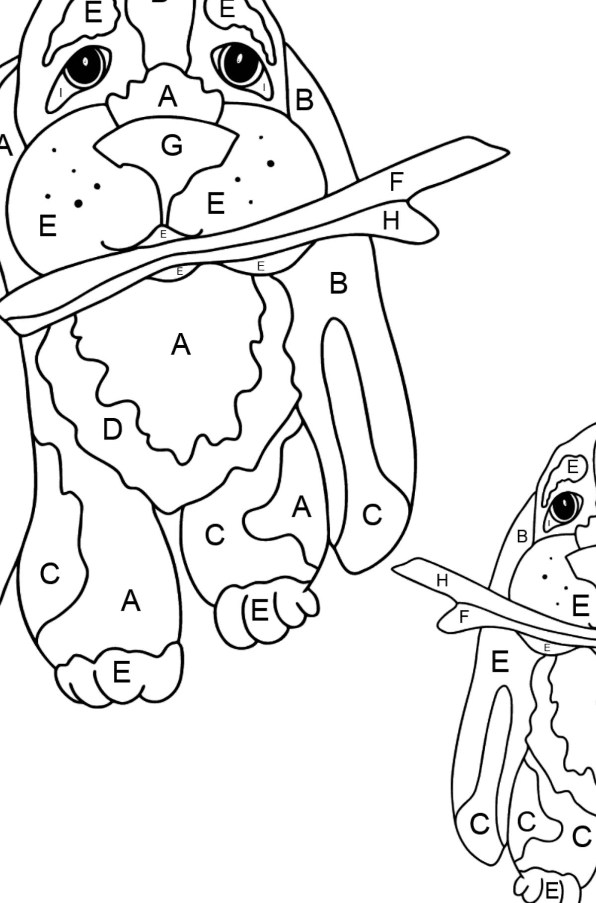 Coloring Page - Two Dogs are Playing with Sticks - Coloring by Letters for Kids