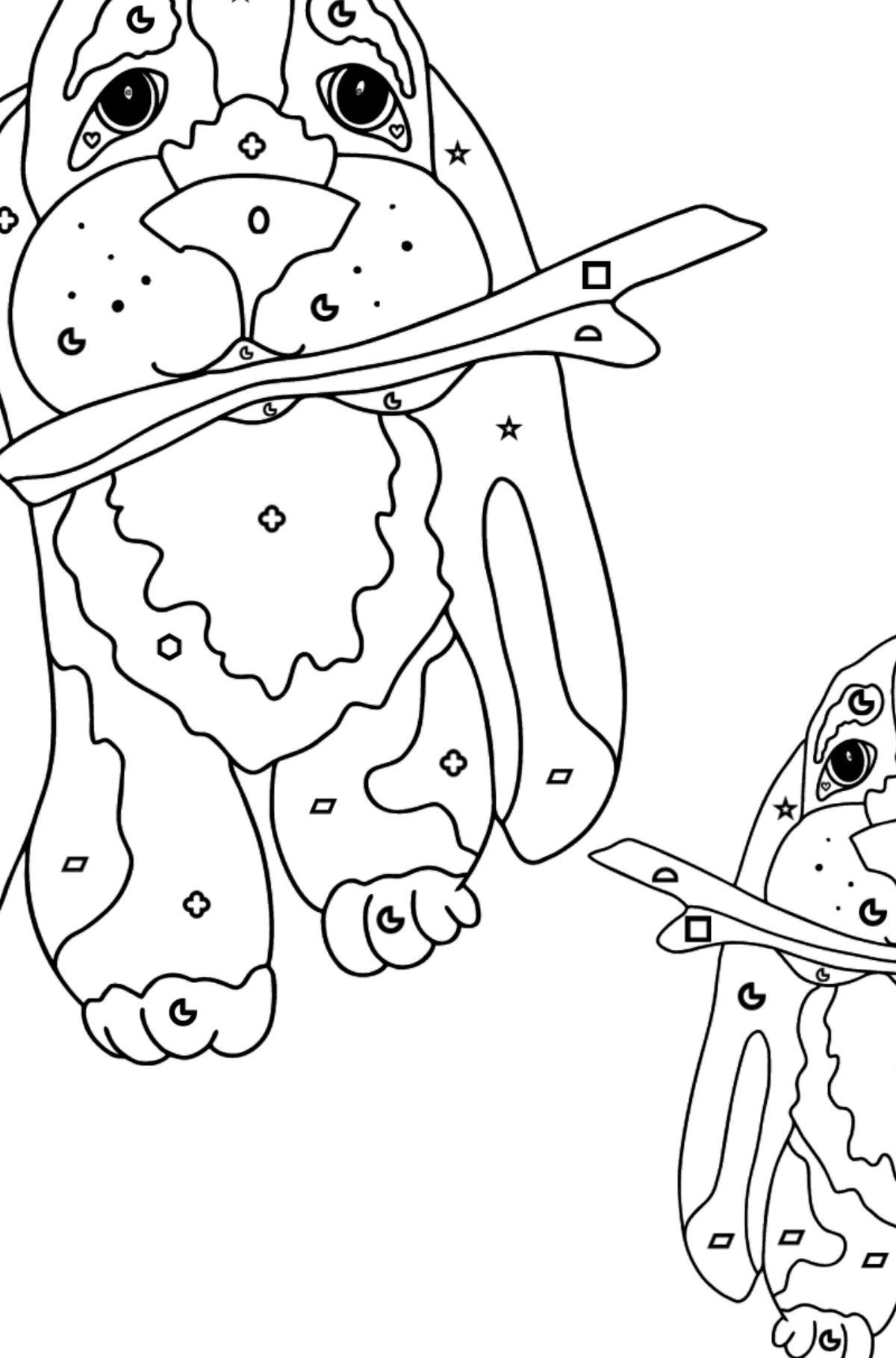Coloring Page - Two Dogs are Playing with Sticks - Coloring by Symbols and Geometric Shapes for Kids