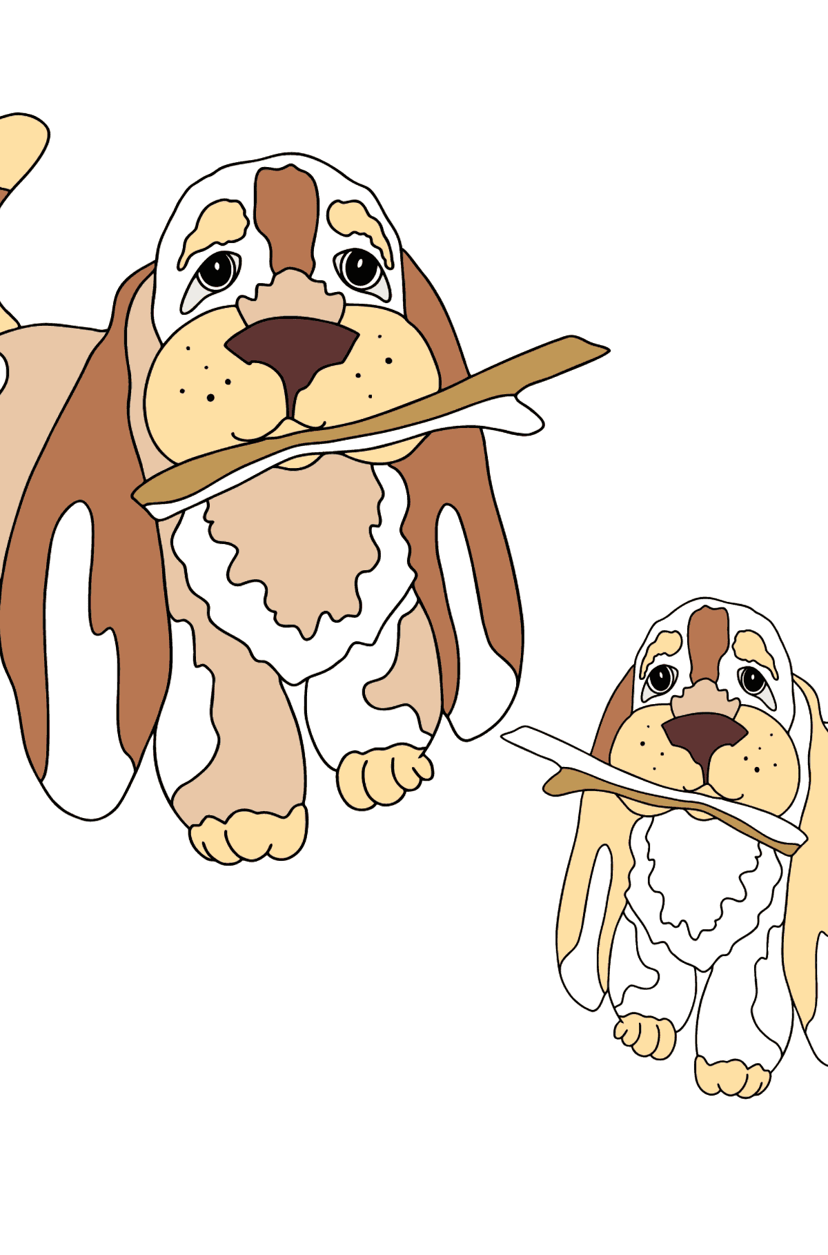 Coloring Page - Two Dogs are Playing with Sticks - Coloring Pages for Kids