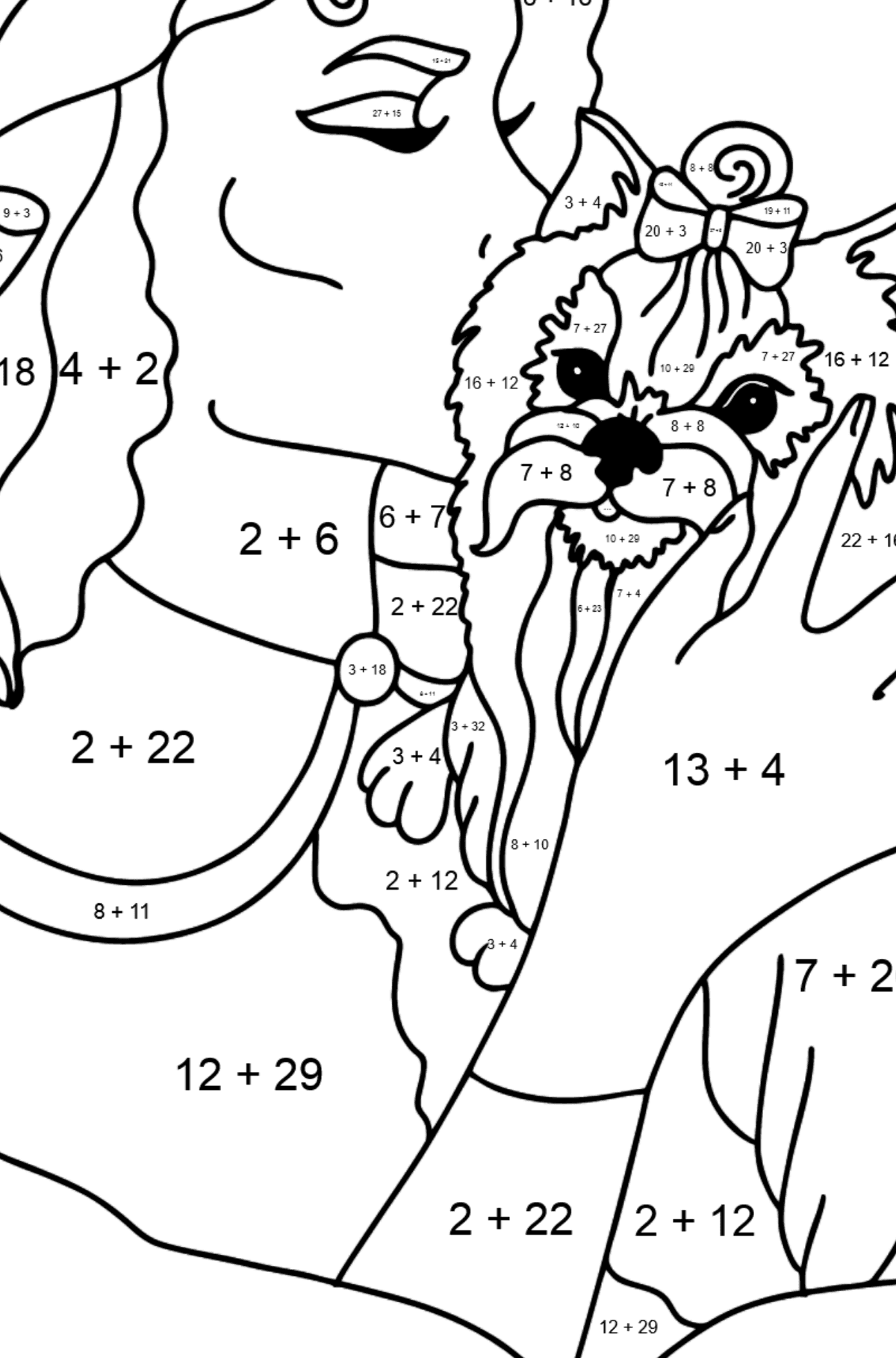 Yorkshire Terrier with Owner coloring page - Math Coloring - Addition for Kids