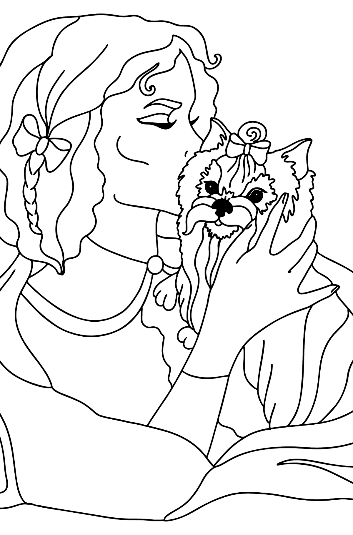 Tegning til farvning yorkshire terrier med ejer (vanskeligt) - Tegninger til farvelægning for børn