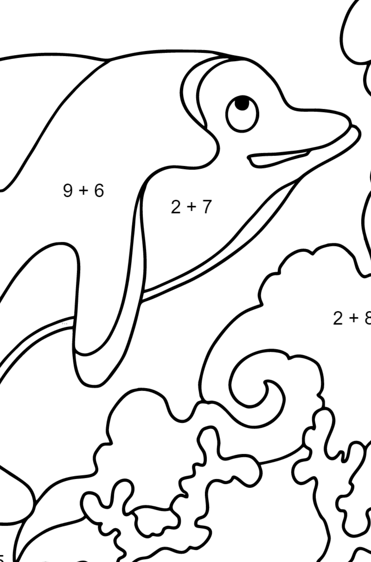 Coloring Page - A Dolphin, a Smart and Friendly Animal - Math Coloring - Addition for Kids