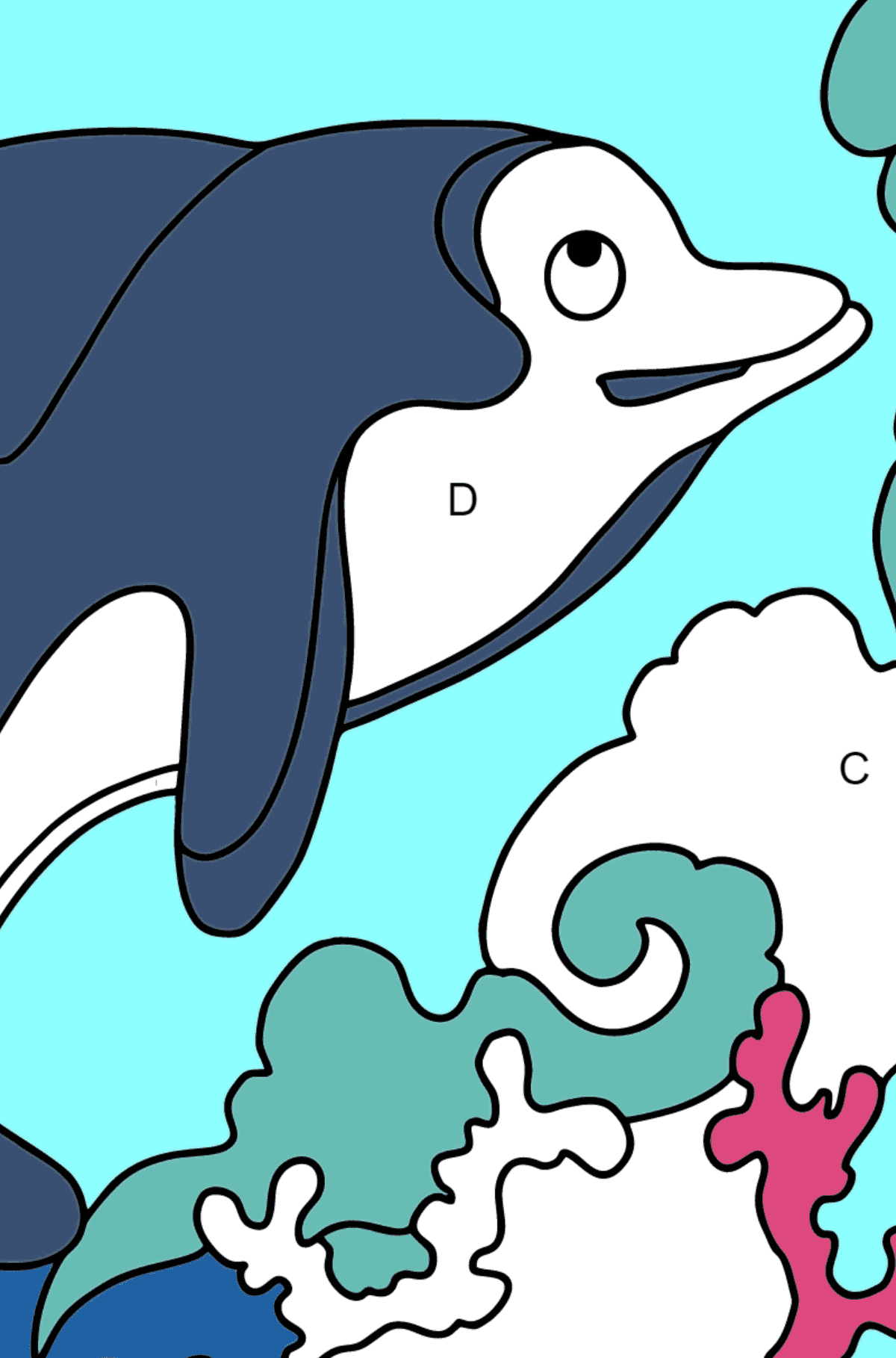 Coloring Page - A Dolphin, a Smart and Friendly Animal - Coloring by Letters for Kids