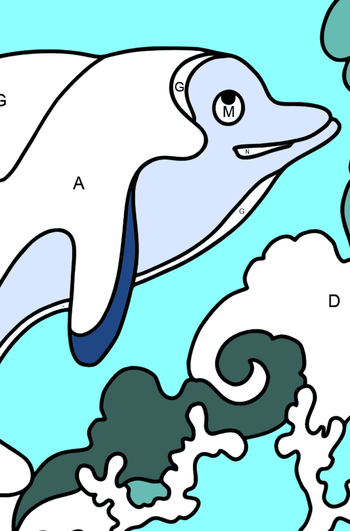 Malvorlage - Ein Delphin, ein wissbegieriges Tier - Ausmalen nach Buchstaben für Kinder