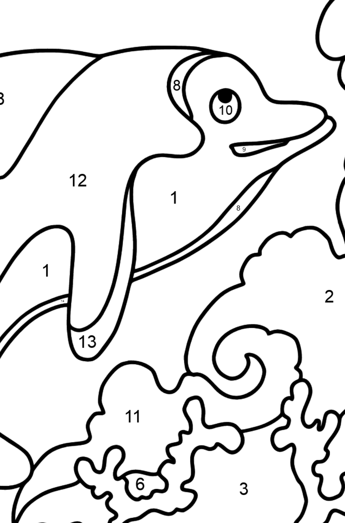 Desen de colorat delfin (dificil) - Desen de colorat după Număr pentru copii