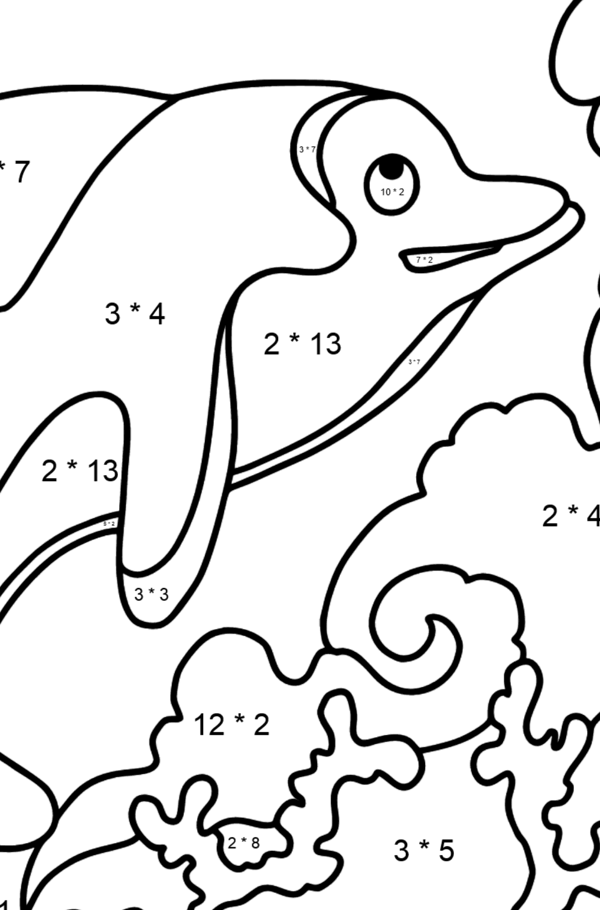 Розмальовка - допитливий дельфін - Математична Розмальовка Множення для дітей