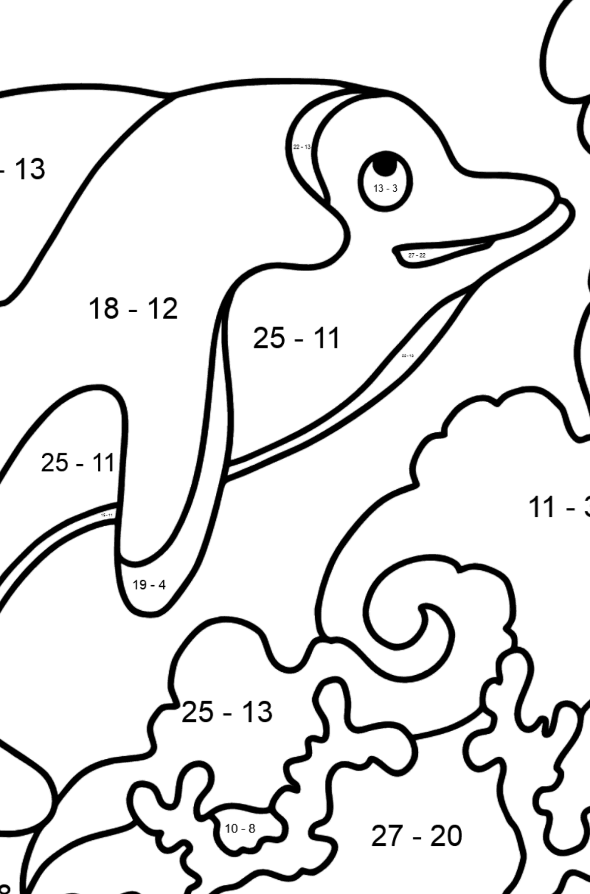 Desen de colorat delfin (dificil) - Desen de colorat - Scădere pentru copii