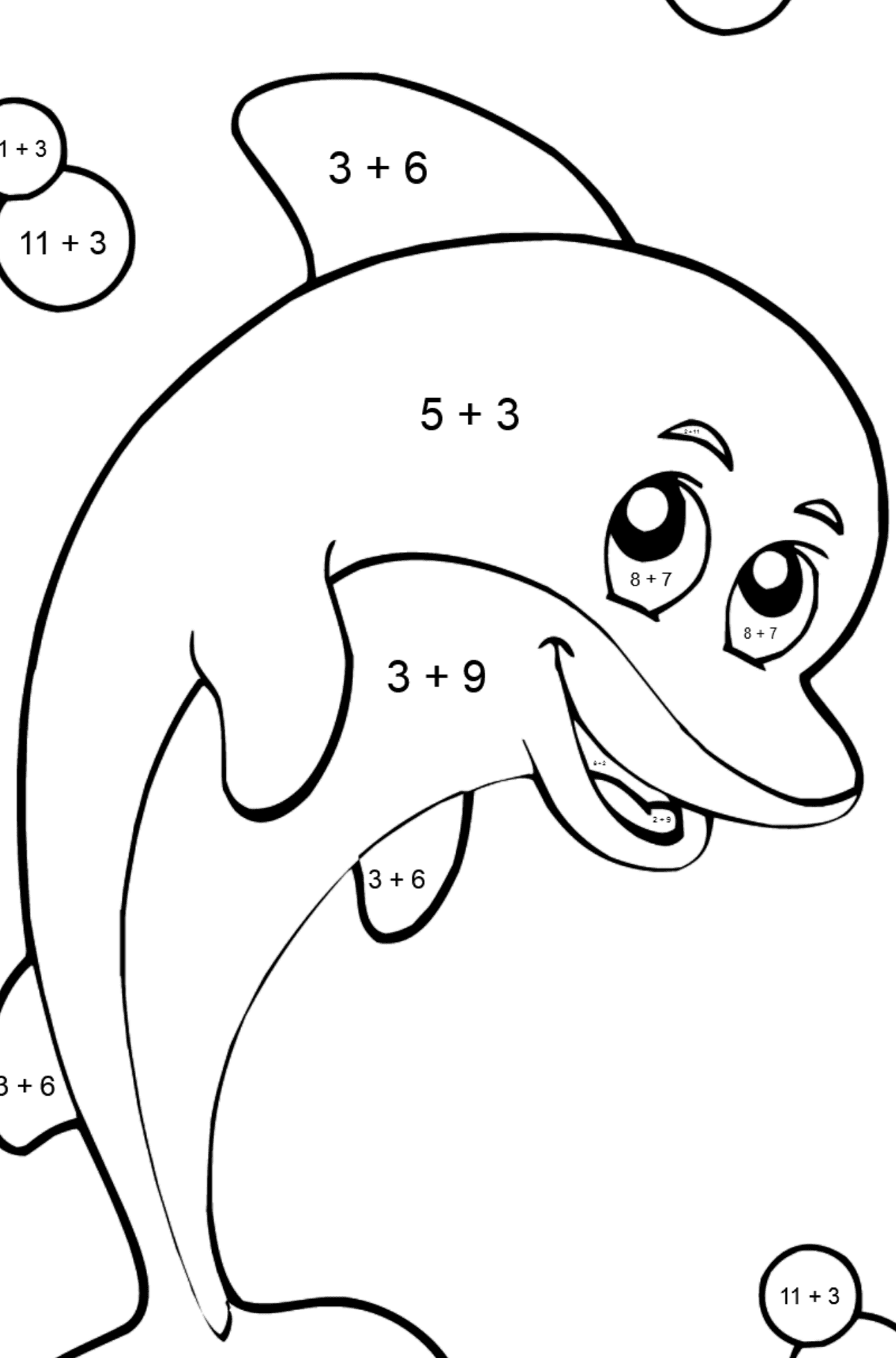 Розмальовка – веселий дельфін - Математична Розмальовка Додавання для дітей
