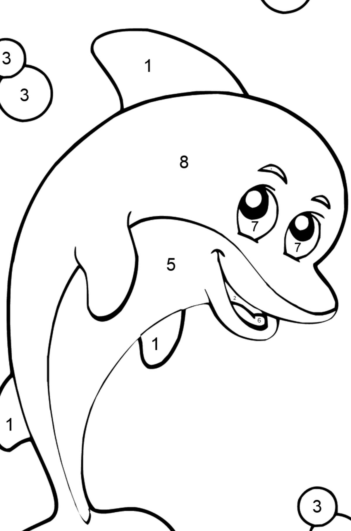 Coloring page with a Cartoon dolphin - Coloring by Numbers for Kids