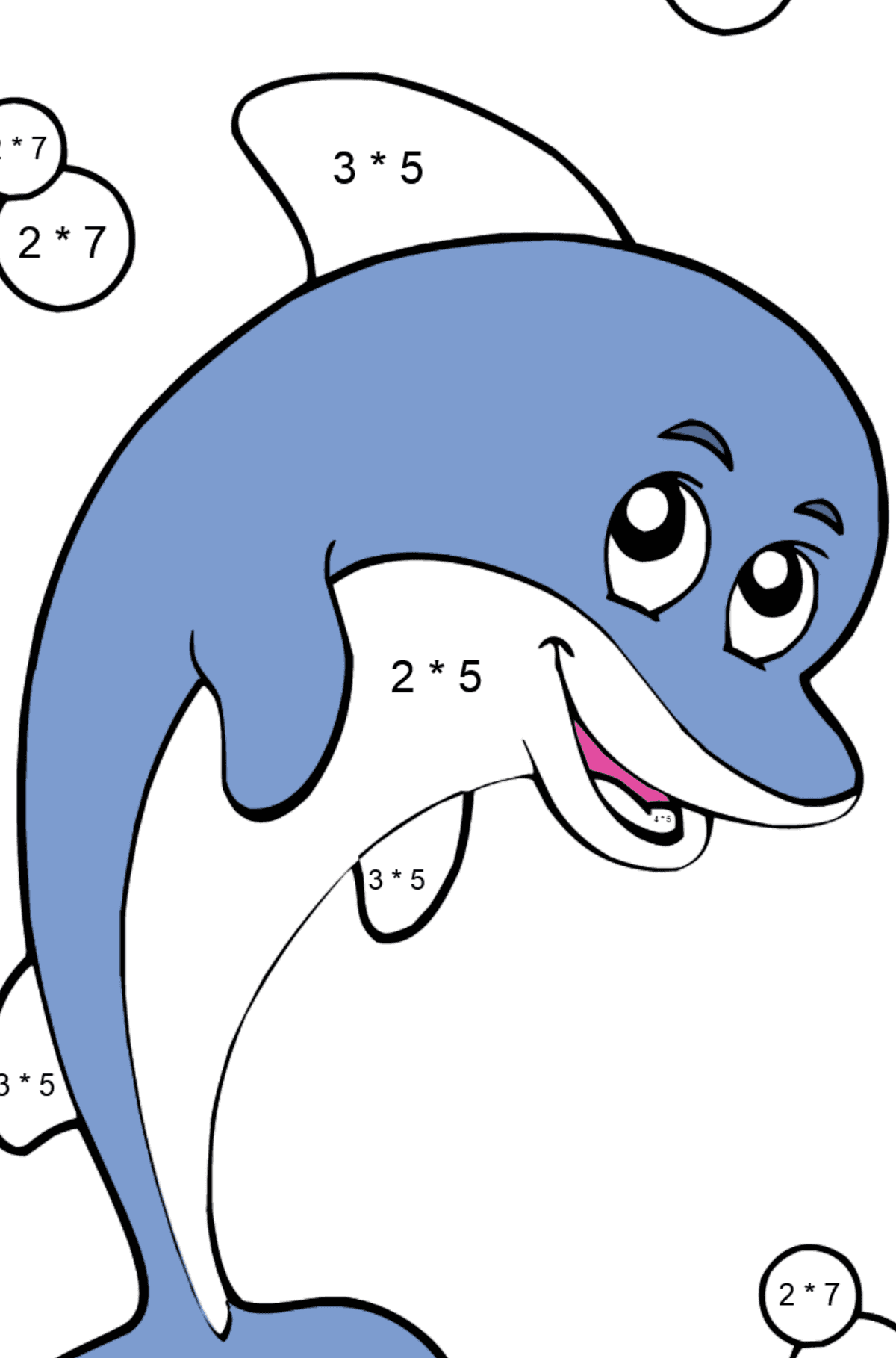 Coloring page with a Cartoon dolphin - Math Coloring - Multiplication for Kids