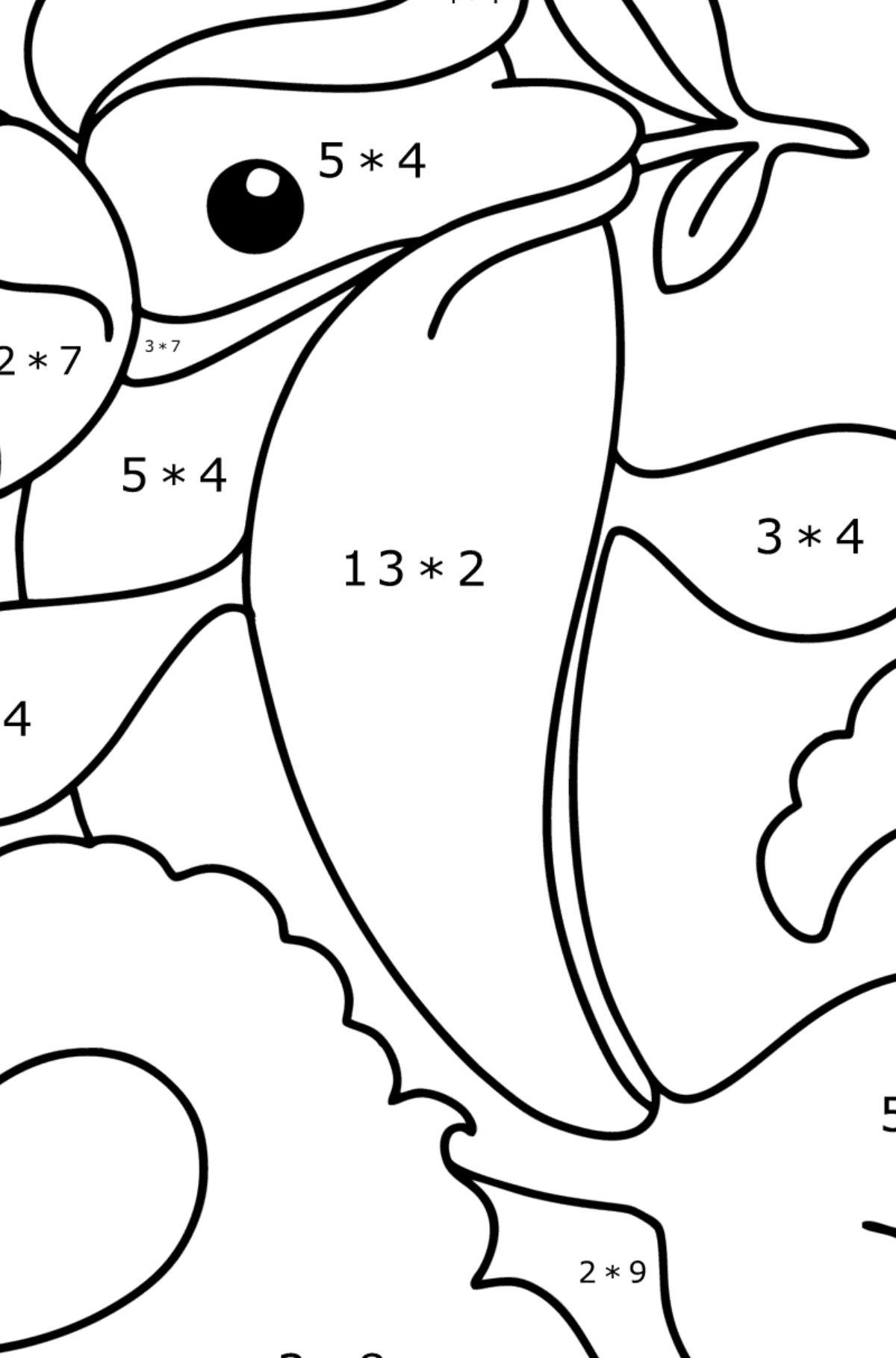 Розмальовка Милий Дельфін - Математична Розмальовка Множення для дітей