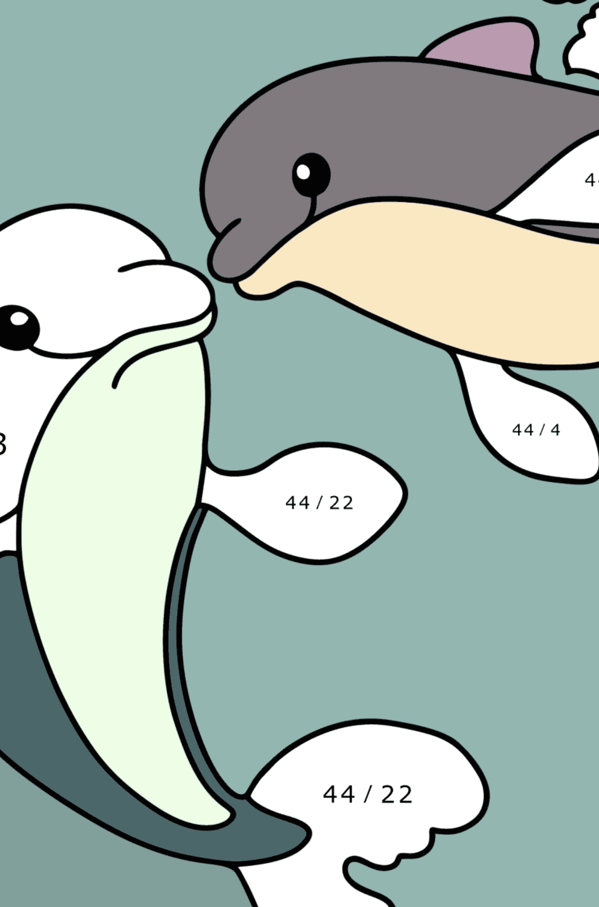 Målarbild söta delfiner - Matematik Färgläggning - Division för barn