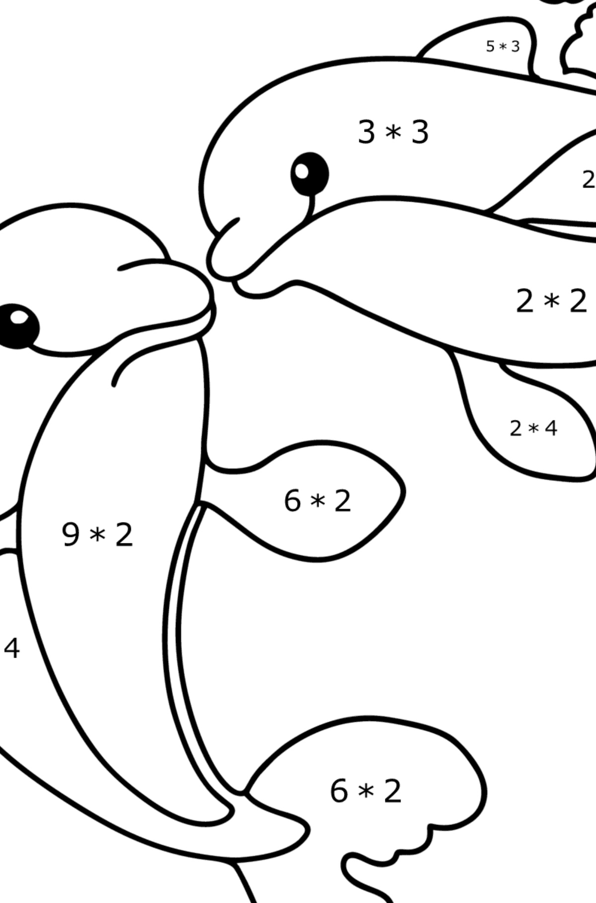 Ausmalbild Süße Delfine - Mathe Ausmalbilder - Multiplikation für Kinder
