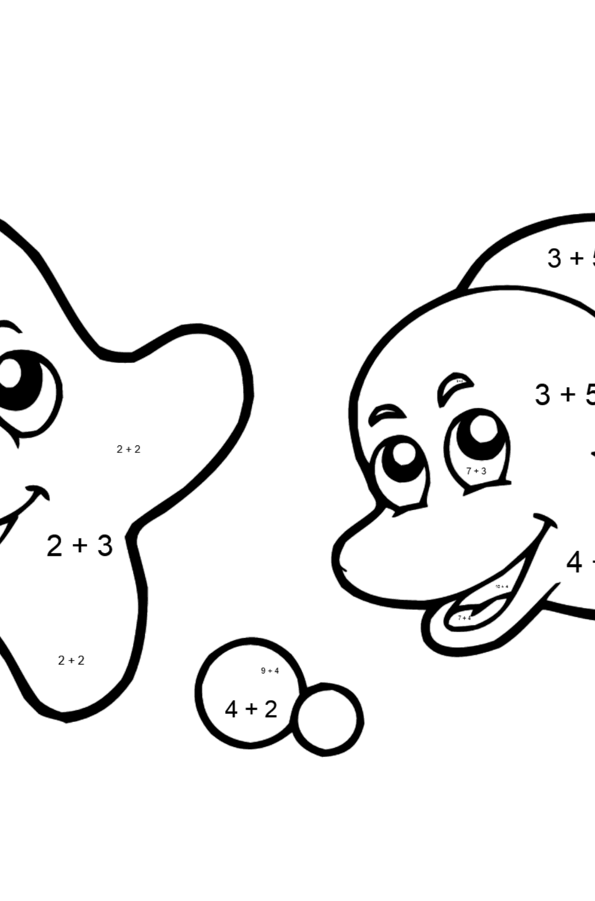 Розмальовка - Дельфін та Морська зірка - Математична Розмальовка Додавання для дітей