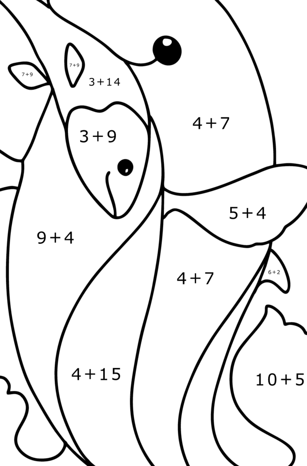 Desenho para colorir Dolphin Caught a Fish - Colorindo com Matemática - Soma para Crianças