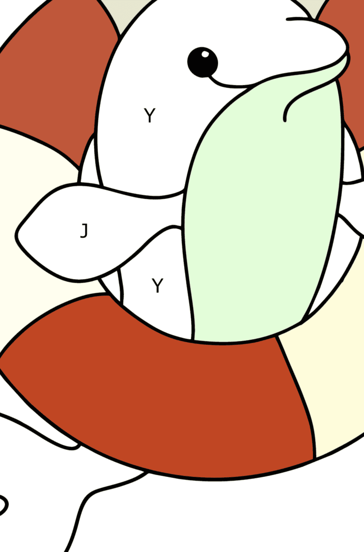 Dibujo de Delfín con salvavidas para colorear - Colorear por Letras para Niños