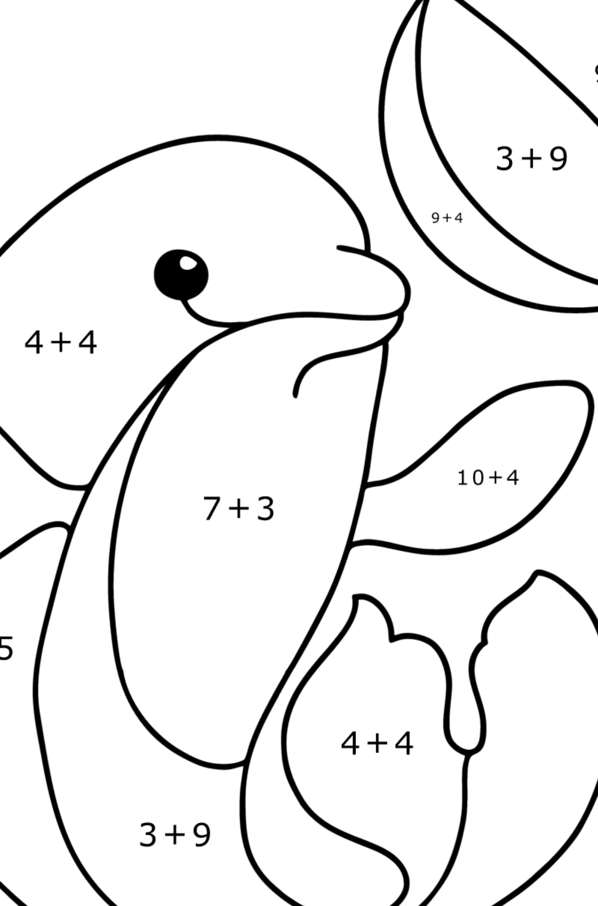 Ausmalbild Delphin spielen - Mathe Ausmalbilder - Addition für Kinder
