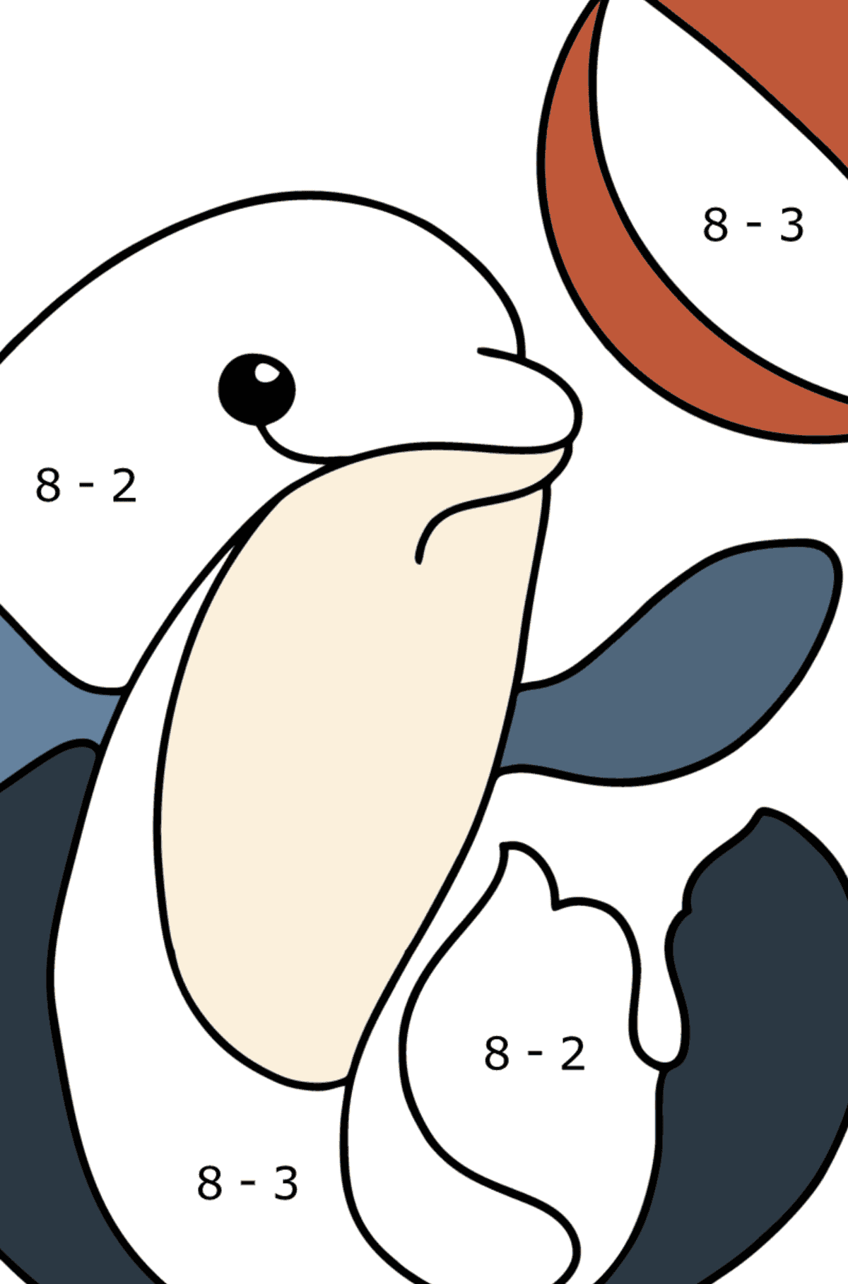 Ausmalbild Delphin spielen - Mathe Ausmalbilder - Subtraktion für Kinder