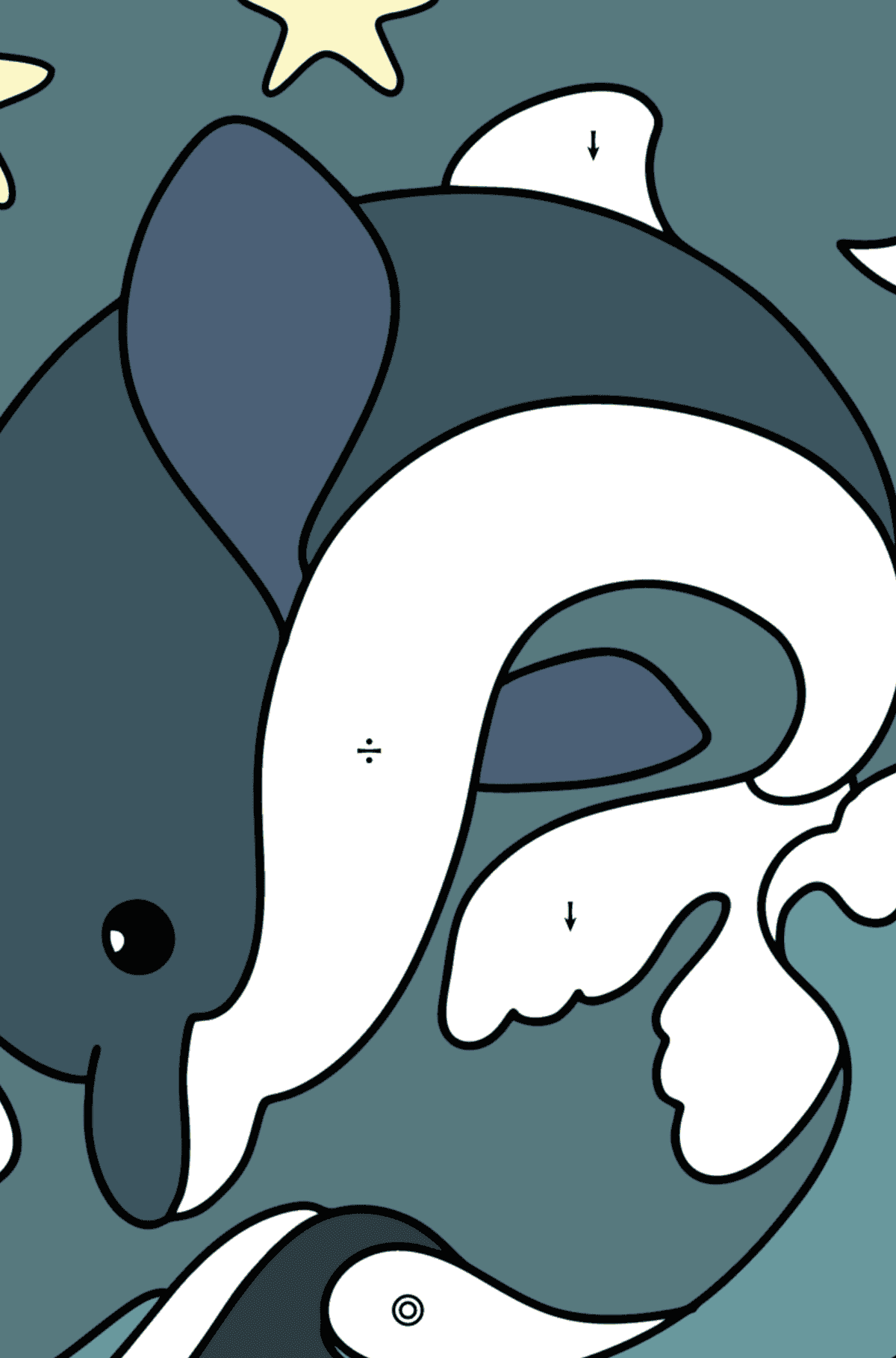 Ausmalbild Delphin im Meer - Ausmalen nach Symbolen für Kinder