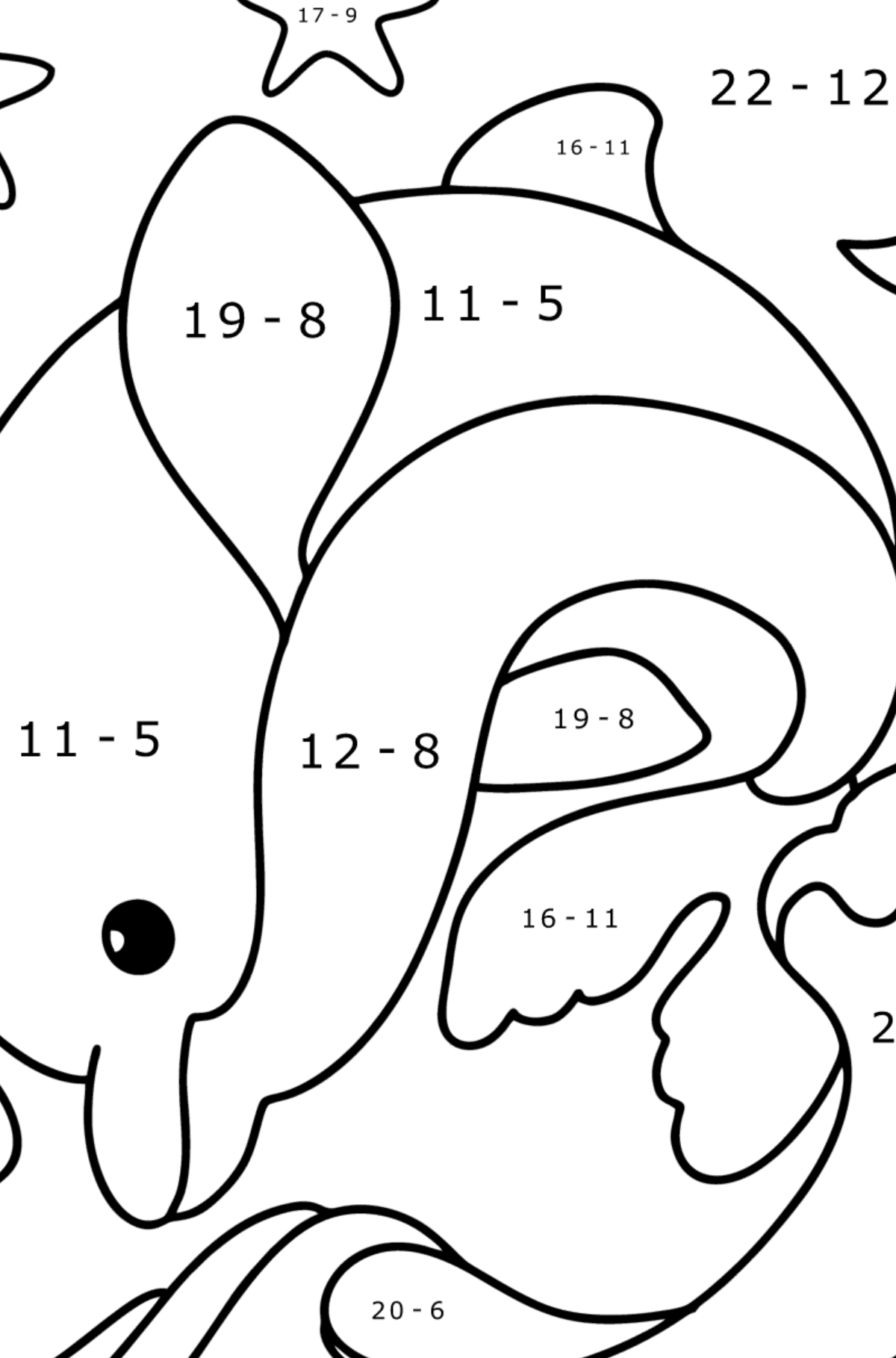 Ausmalbild Delphin im Meer - Mathe Ausmalbilder - Subtraktion für Kinder