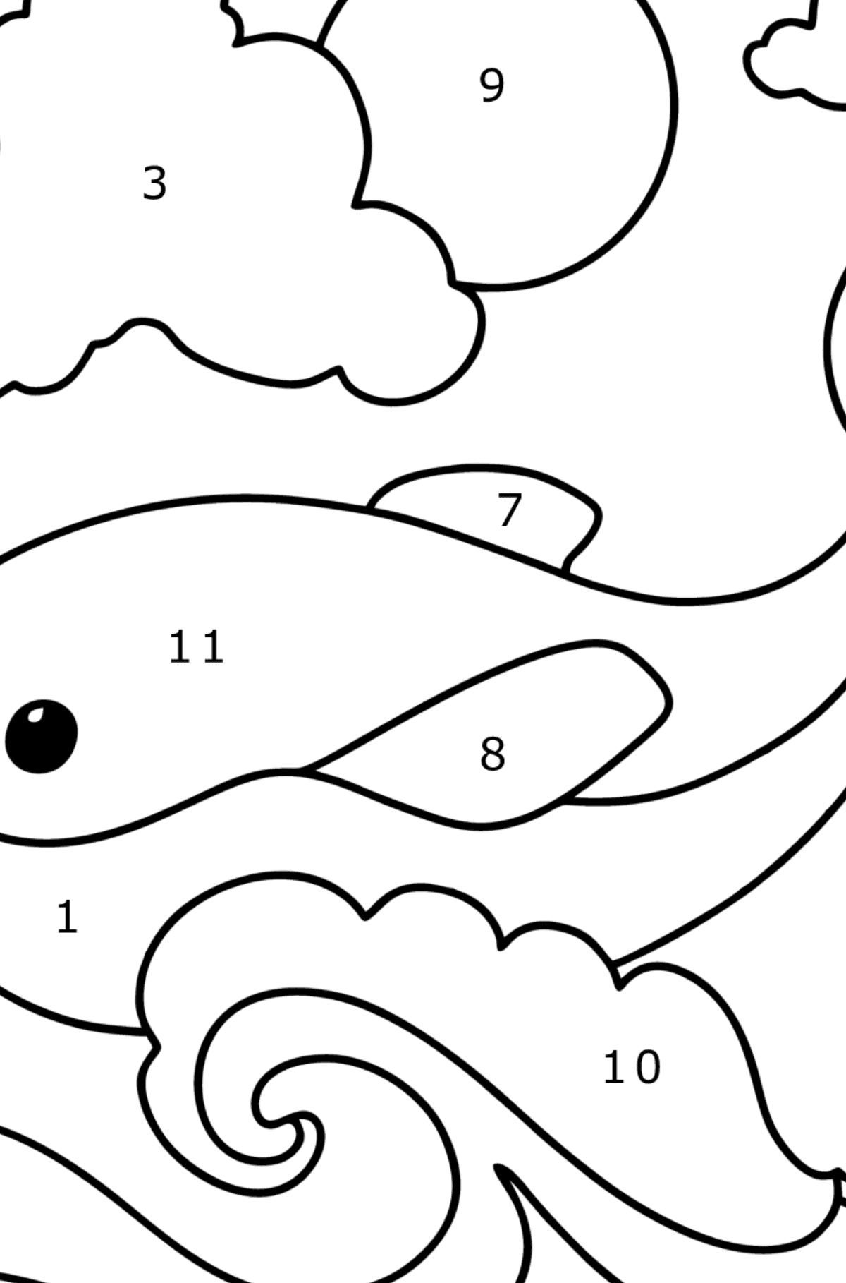 Ausmalbild Delfin auf den Wellen - Malen nach Zahlen für Kinder