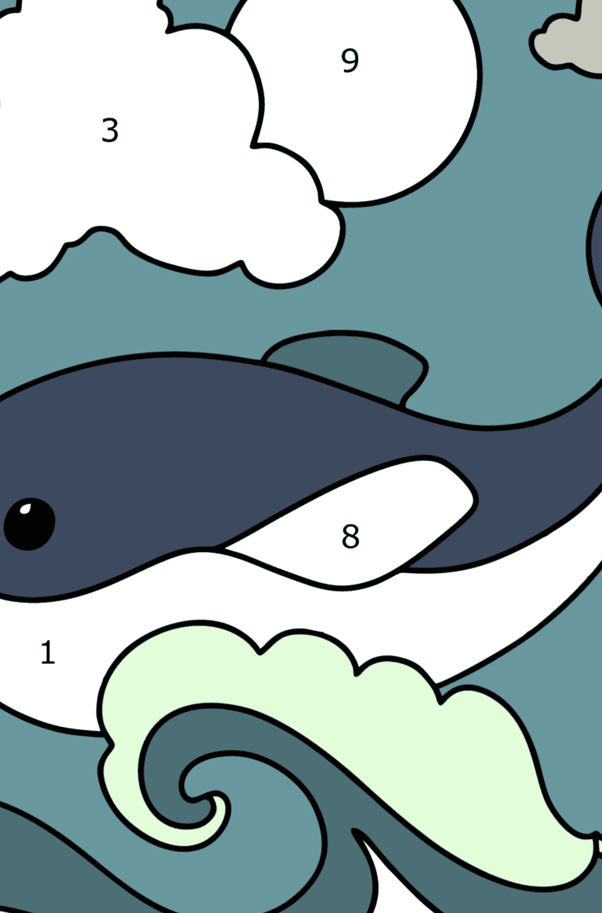 Kolorowanka Delfin na falach - Koloruj według numerów dla dzieci