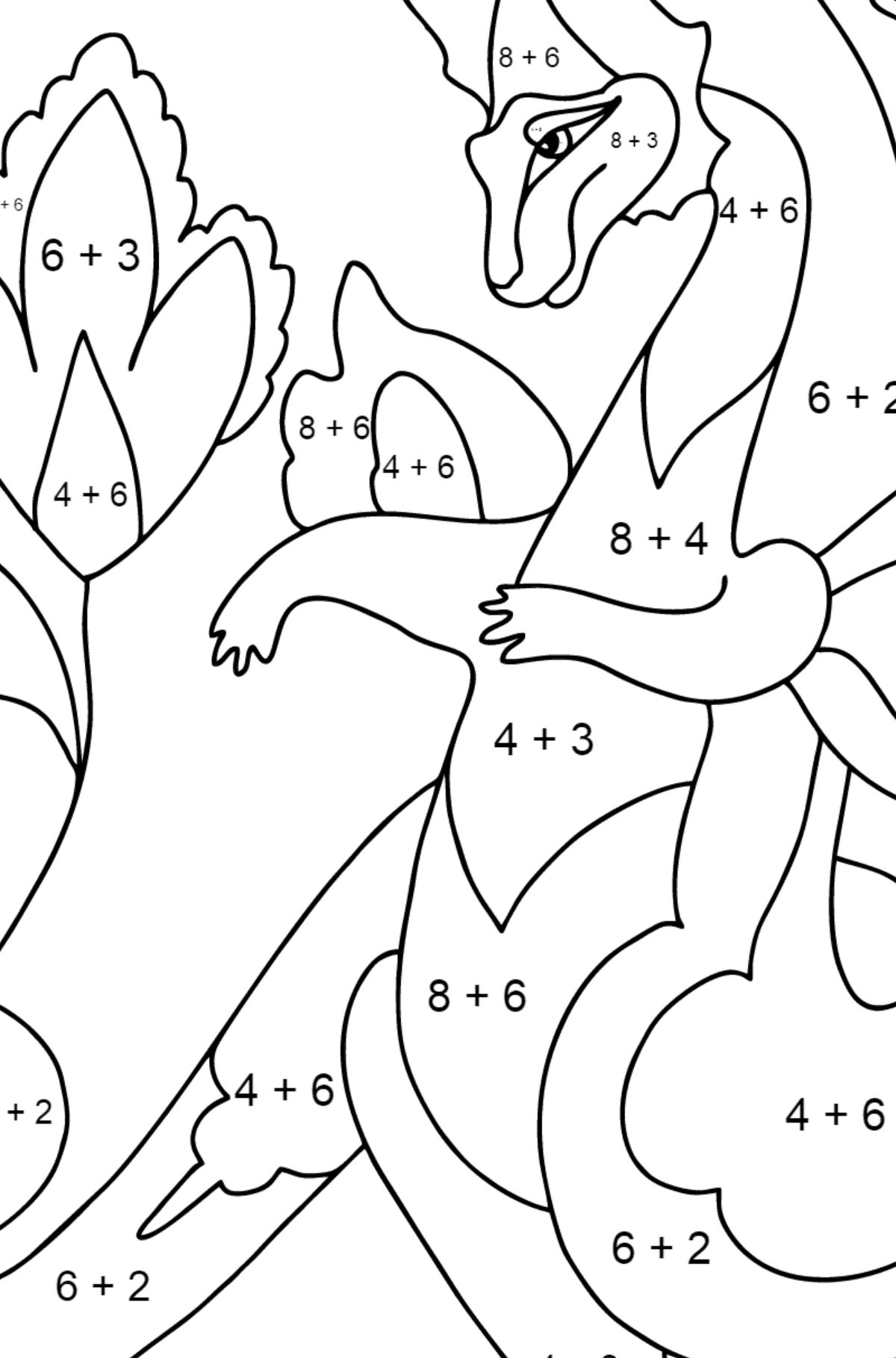 Ausmalbild Drache und Blume (schwer) - Mathe Ausmalbilder - Addition für Kinder