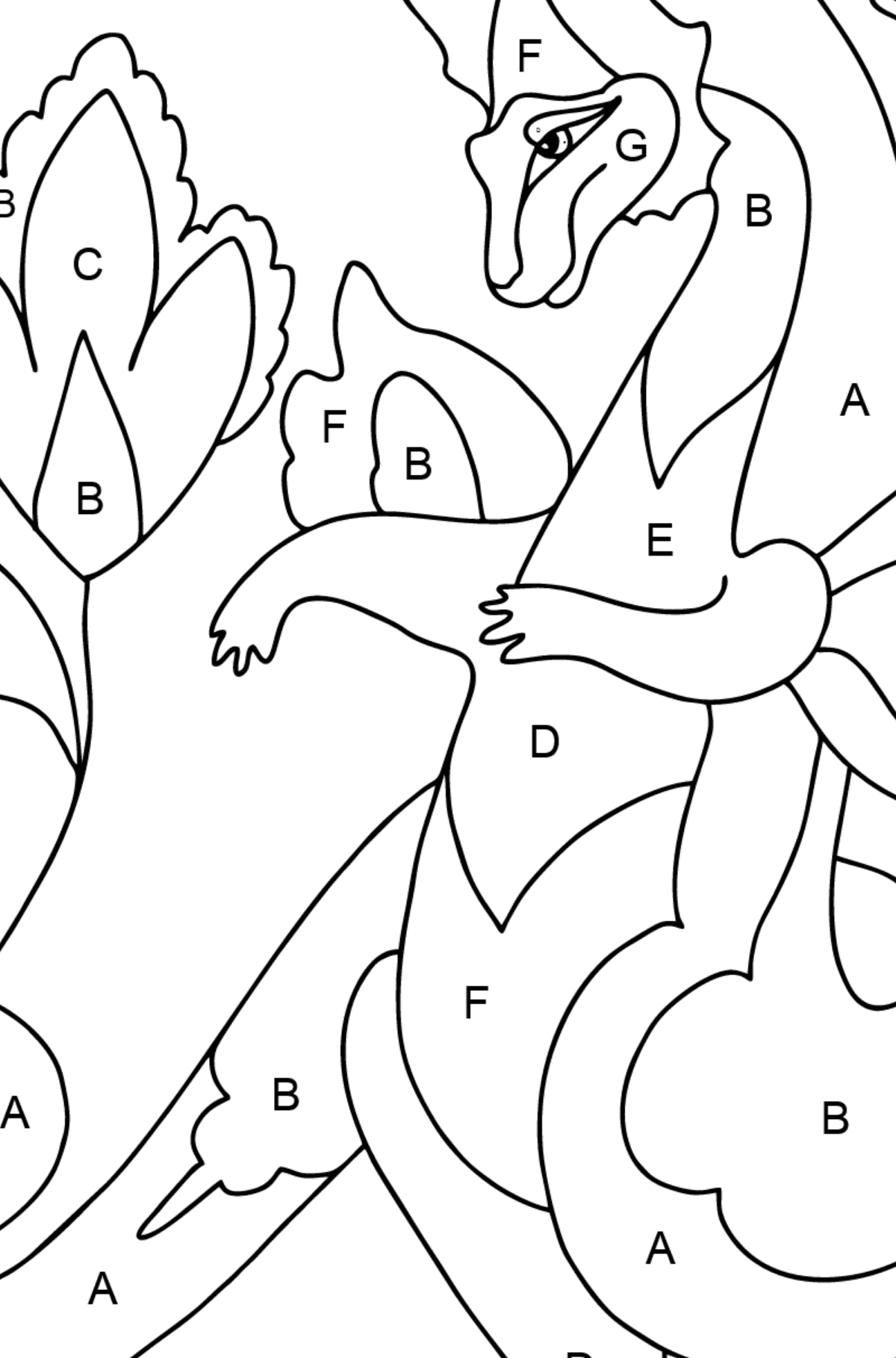 Coloriage Dragon et fleur (difficile) - Coloriage par Lettres pour les Enfants